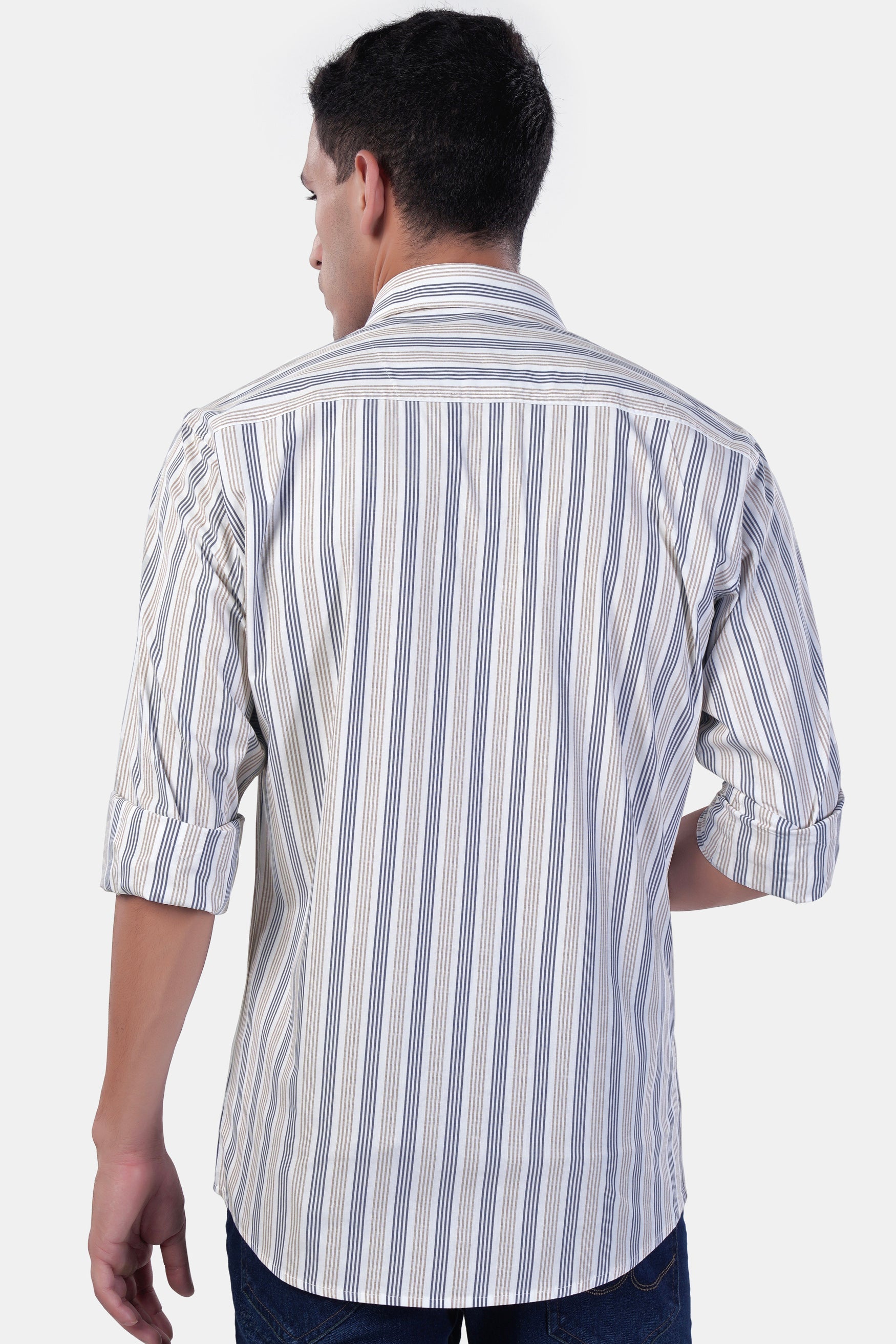 7swords-Bright White with Vanilla Brown and Fiord Blue Striped Premium Cotton Shirt 7S-137-38, 7S-137-39, 7S-137-40, 7S-137-42