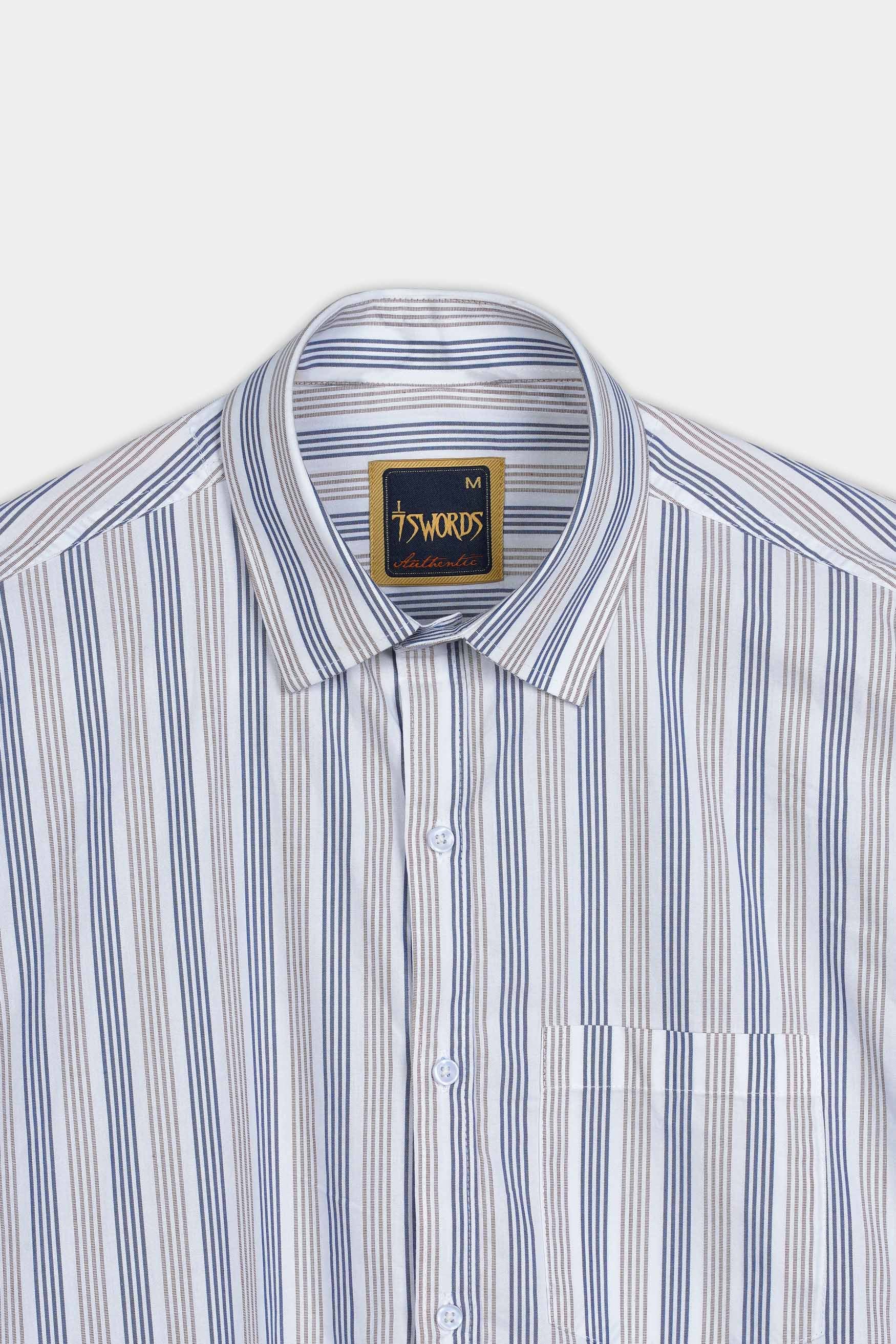 7swords-Bright White with Vanilla Brown and Fiord Blue Striped Premium Cotton Shirt 7S-137-38, 7S-137-39, 7S-137-40, 7S-137-42