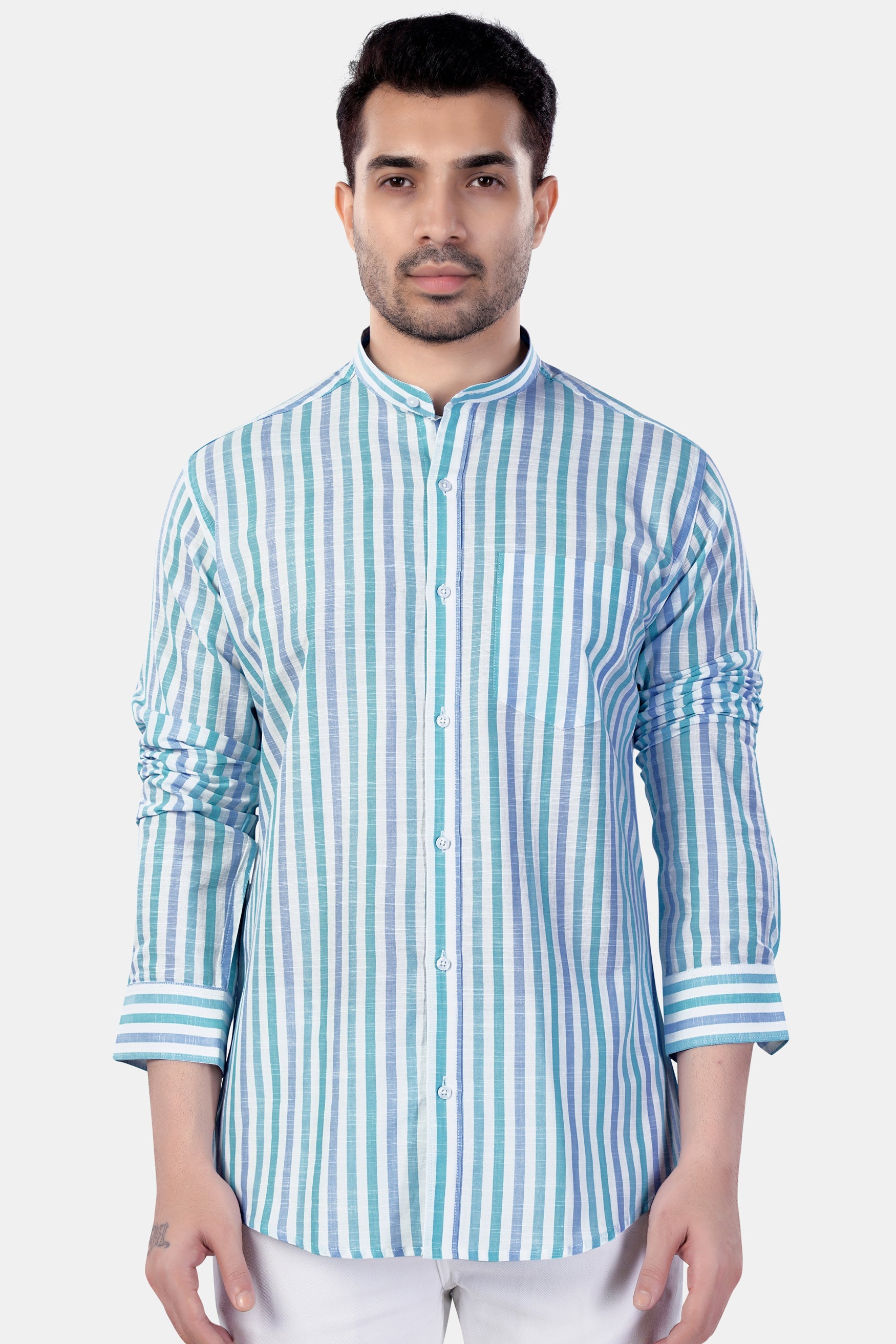 7swords-Bright White with Cascade Green and Yonder Blue Striped Premium Cotton Shirt 7S-139-M-38, 7S-139-M-39, 7S-139-M-40, 7S-139-M-42