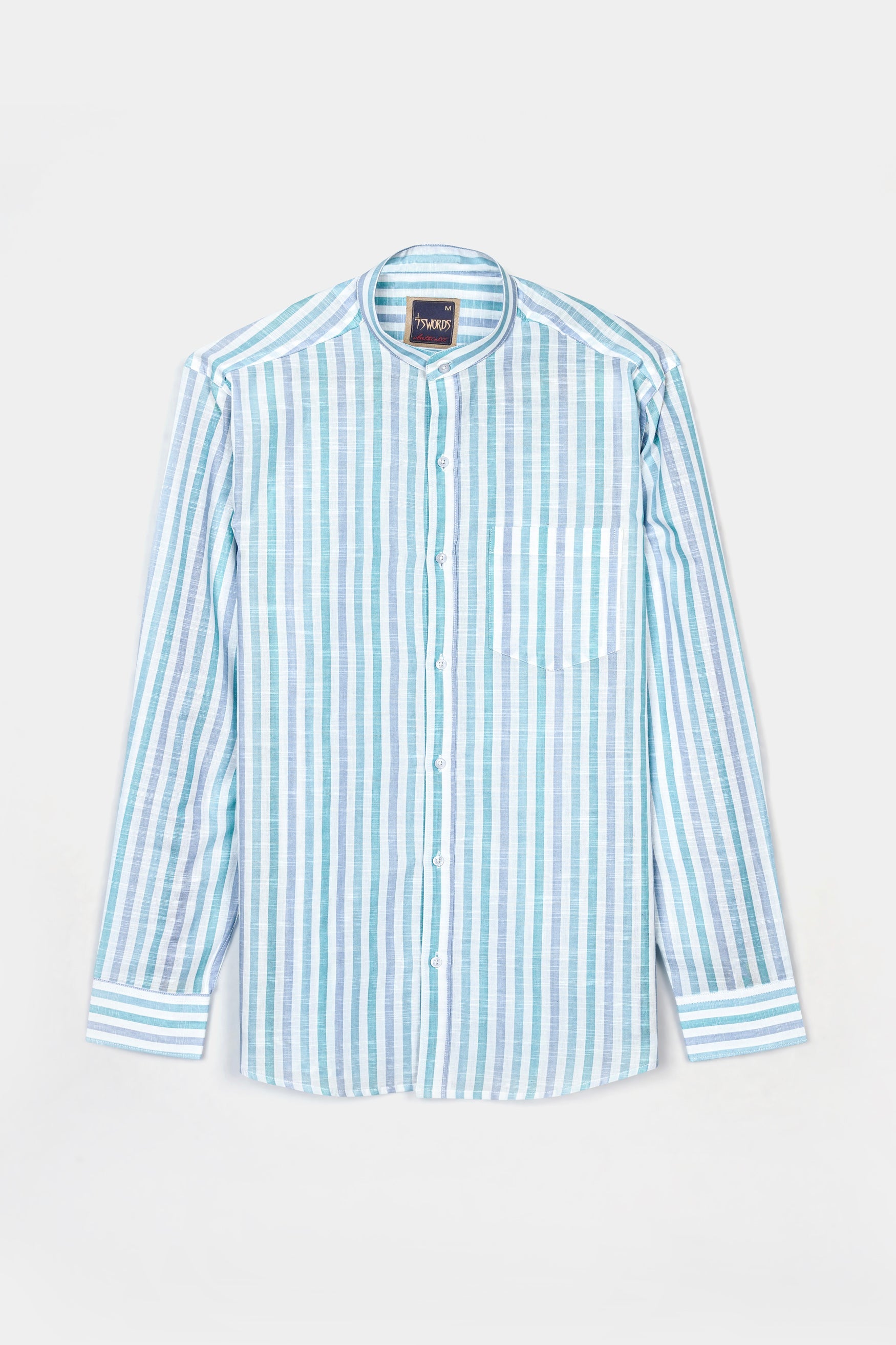 7swords-Bright White with Cascade Green and Yonder Blue Striped Premium Cotton Shirt 7S-139-M-38, 7S-139-M-39, 7S-139-M-40, 7S-139-M-42