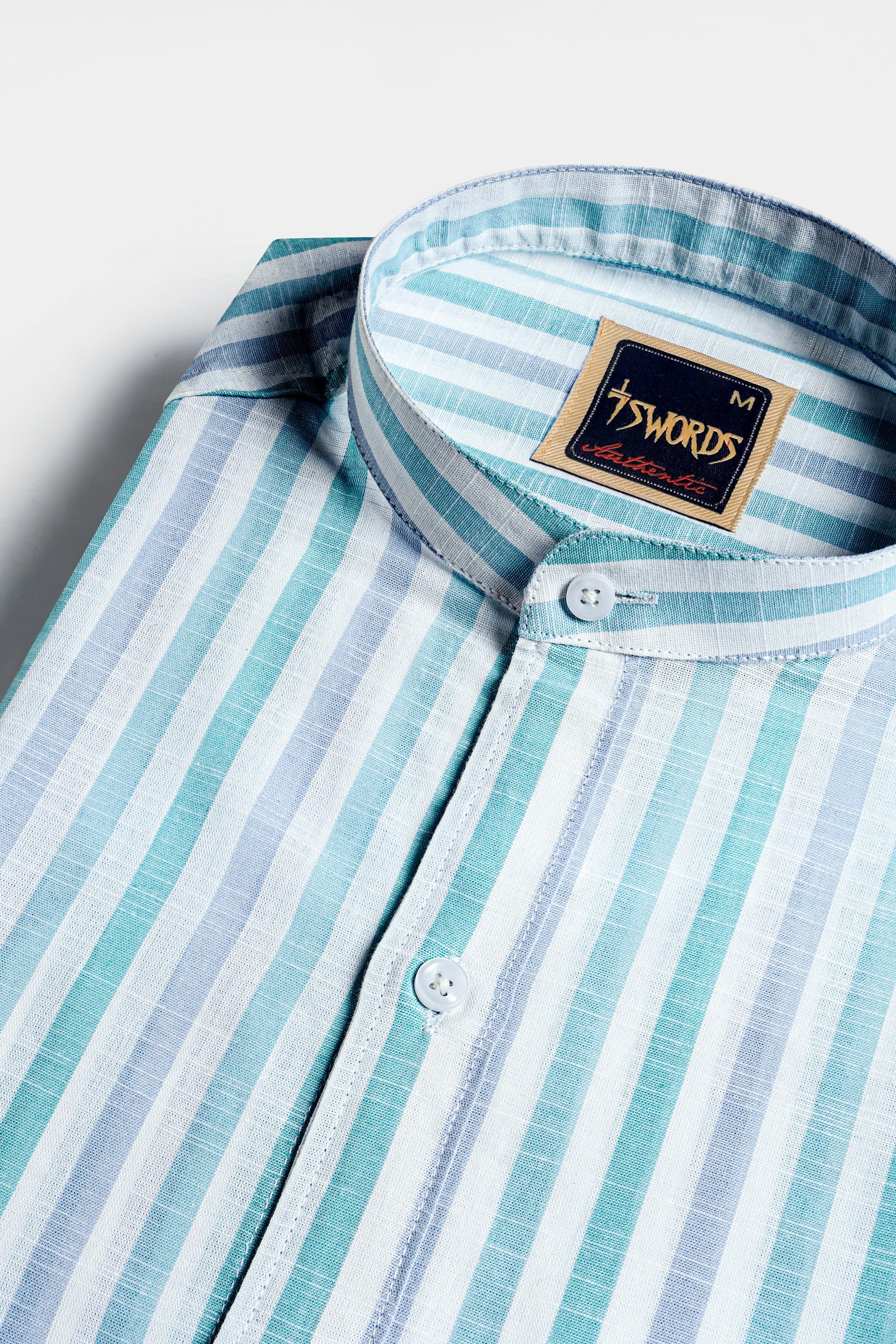 7swords-Bright White with Cascade Green and Yonder Blue Striped Premium Cotton Shirt 7S-139-M-38, 7S-139-M-39, 7S-139-M-40, 7S-139-M-42