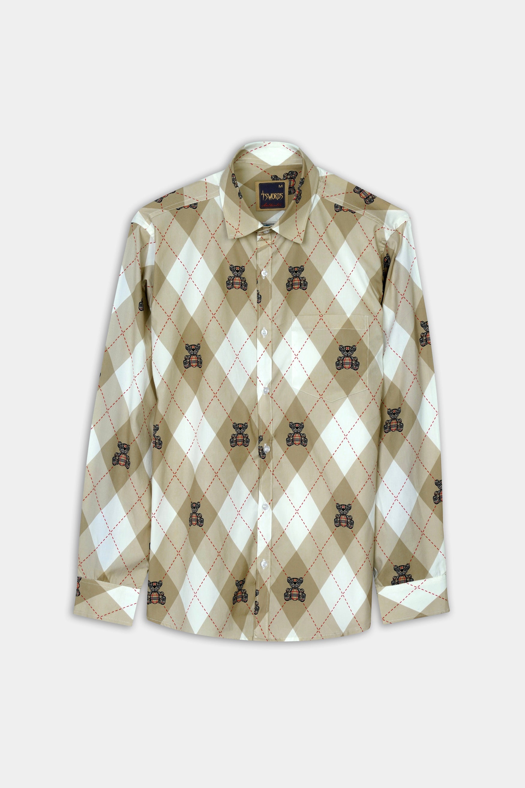 7swords-Beaver Brown with White and Milano Red Geometric with Teddy Bear Printed Premium Cotton Shirt 7S-143-38, 7S-143-39, 7S-143-40, 7S-143-42