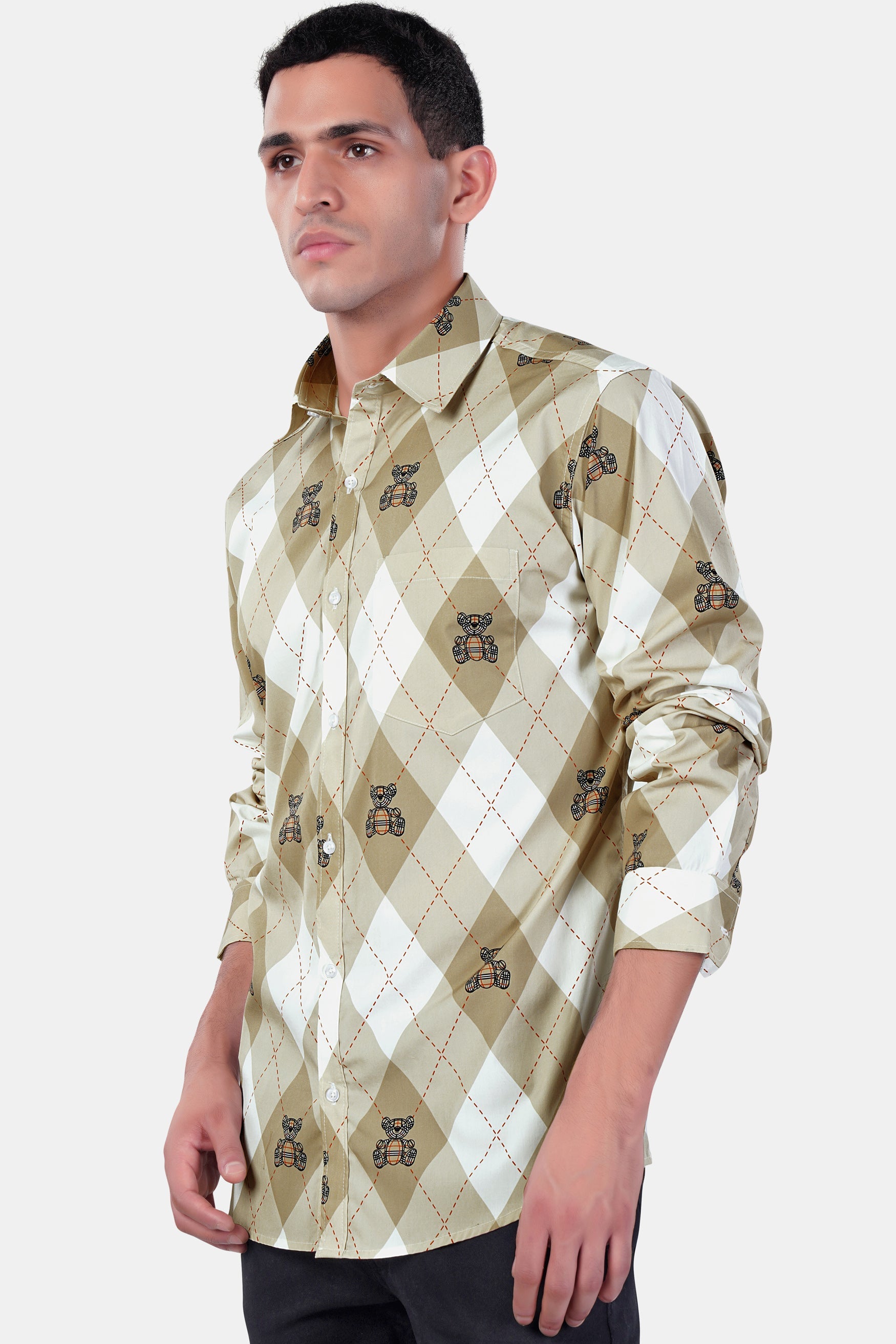 7swords-Beaver Brown with White and Milano Red Geometric with Teddy Bear Printed Premium Cotton Shirt 7S-143-38, 7S-143-39, 7S-143-40, 7S-143-42