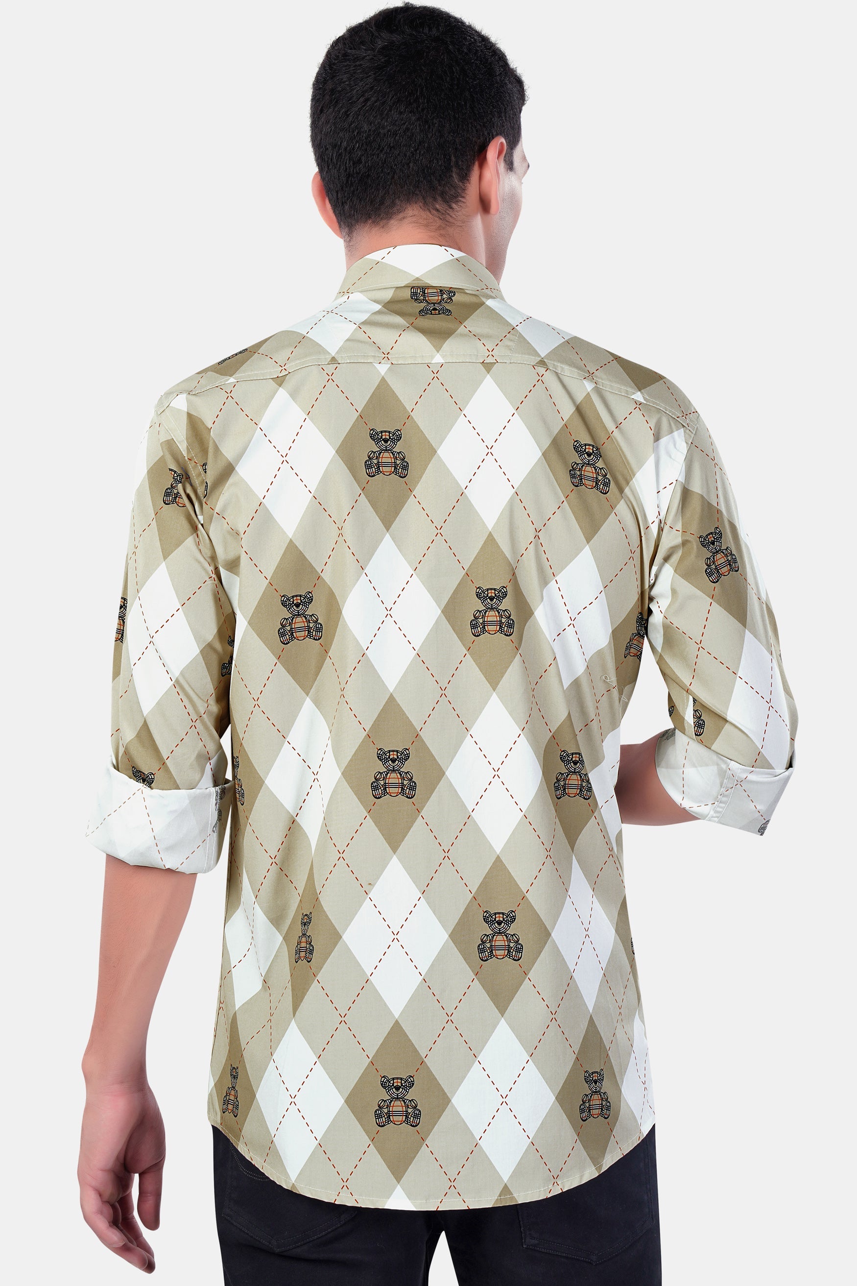 7swords-Beaver Brown with White and Milano Red Geometric with Teddy Bear Printed Premium Cotton Shirt 7S-143-38, 7S-143-39, 7S-143-40, 7S-143-42