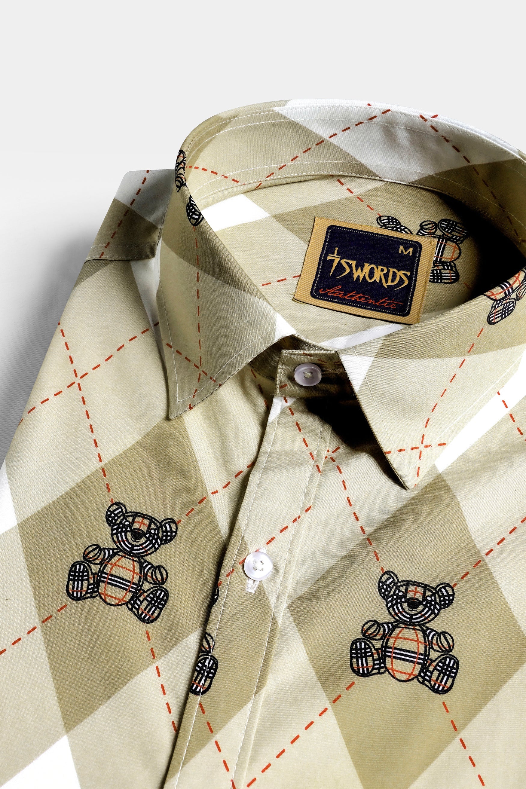 7swords-Beaver Brown with White and Milano Red Geometric with Teddy Bear Printed Premium Cotton Shirt 7S-143-38, 7S-143-39, 7S-143-40, 7S-143-42