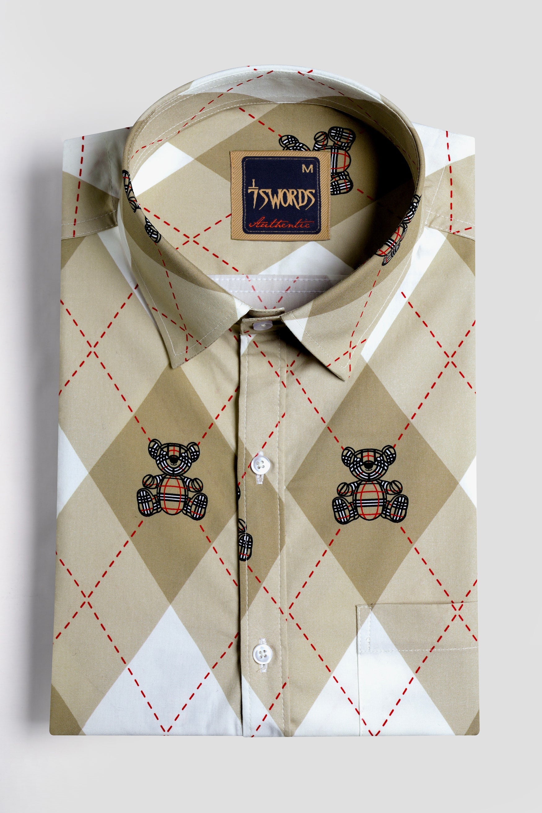 7swords-Beaver Brown with White and Milano Red Geometric with Teddy Bear Printed Premium Cotton Shirt 7S-143-38, 7S-143-39, 7S-143-40, 7S-143-42