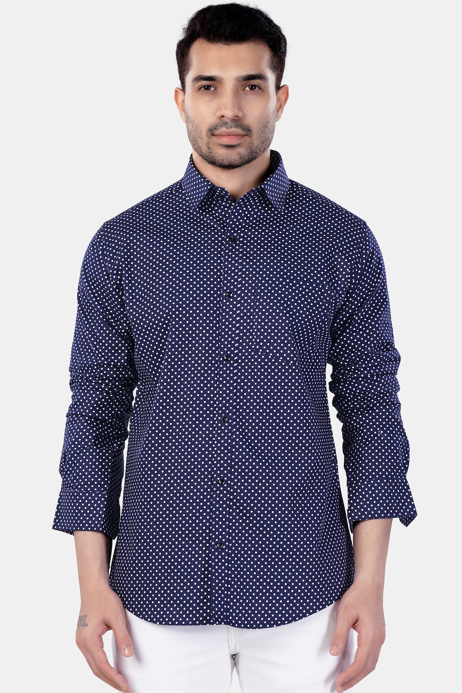 7swords-Broncos Blue and White Polka Dotted Premium Cotton Shirt 7S-146-BLK-38, 7S-146-BLK-39, 7S-146-BLK-40, 7S-146-BLK-42
