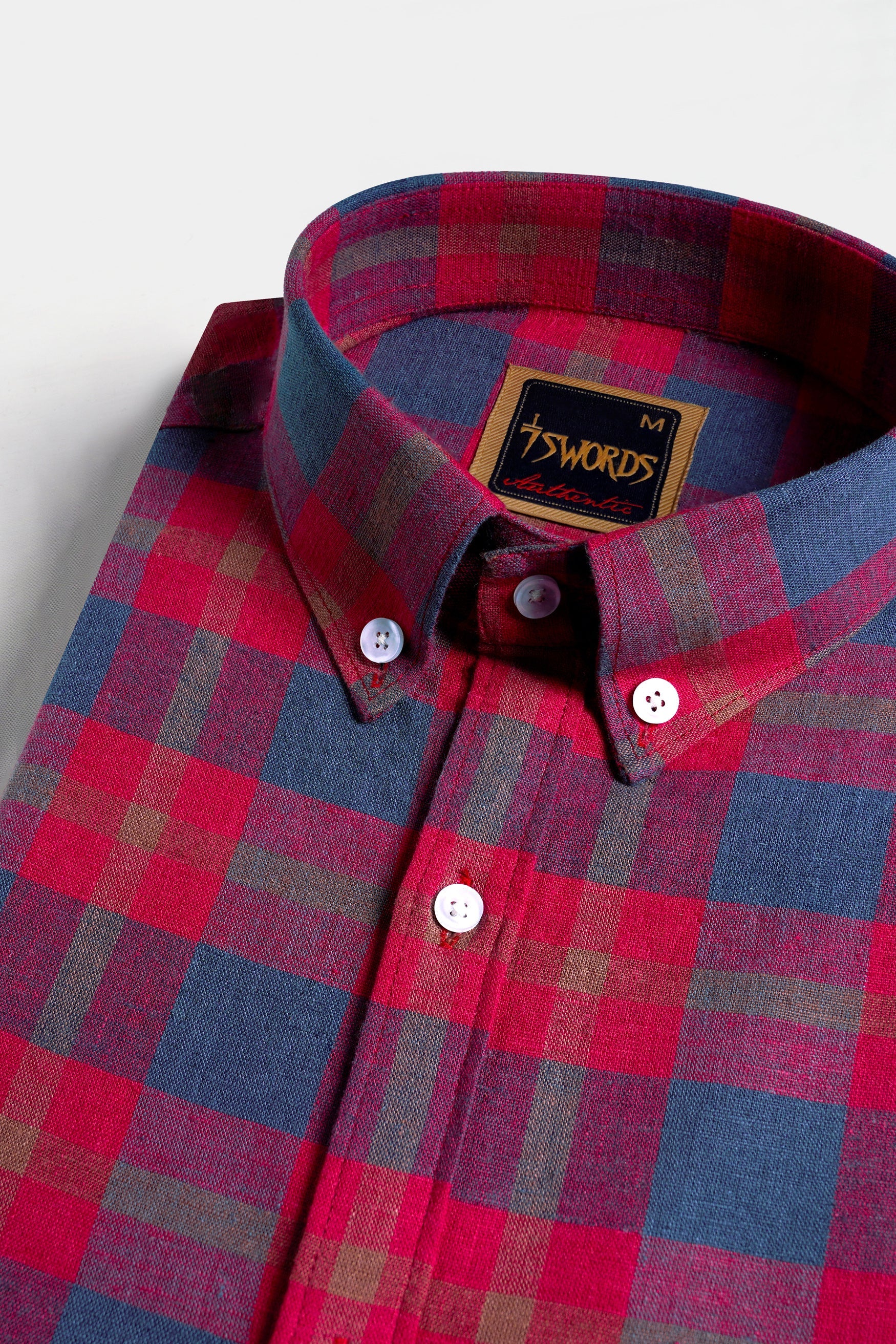 7swords-Falu Red and Pickled Blue Checkered Premium Cotton Button Down Shirt 7S-147-BD-38, 7S-147-BD-39, 7S-147-BD-40, 7S-147-BD-42