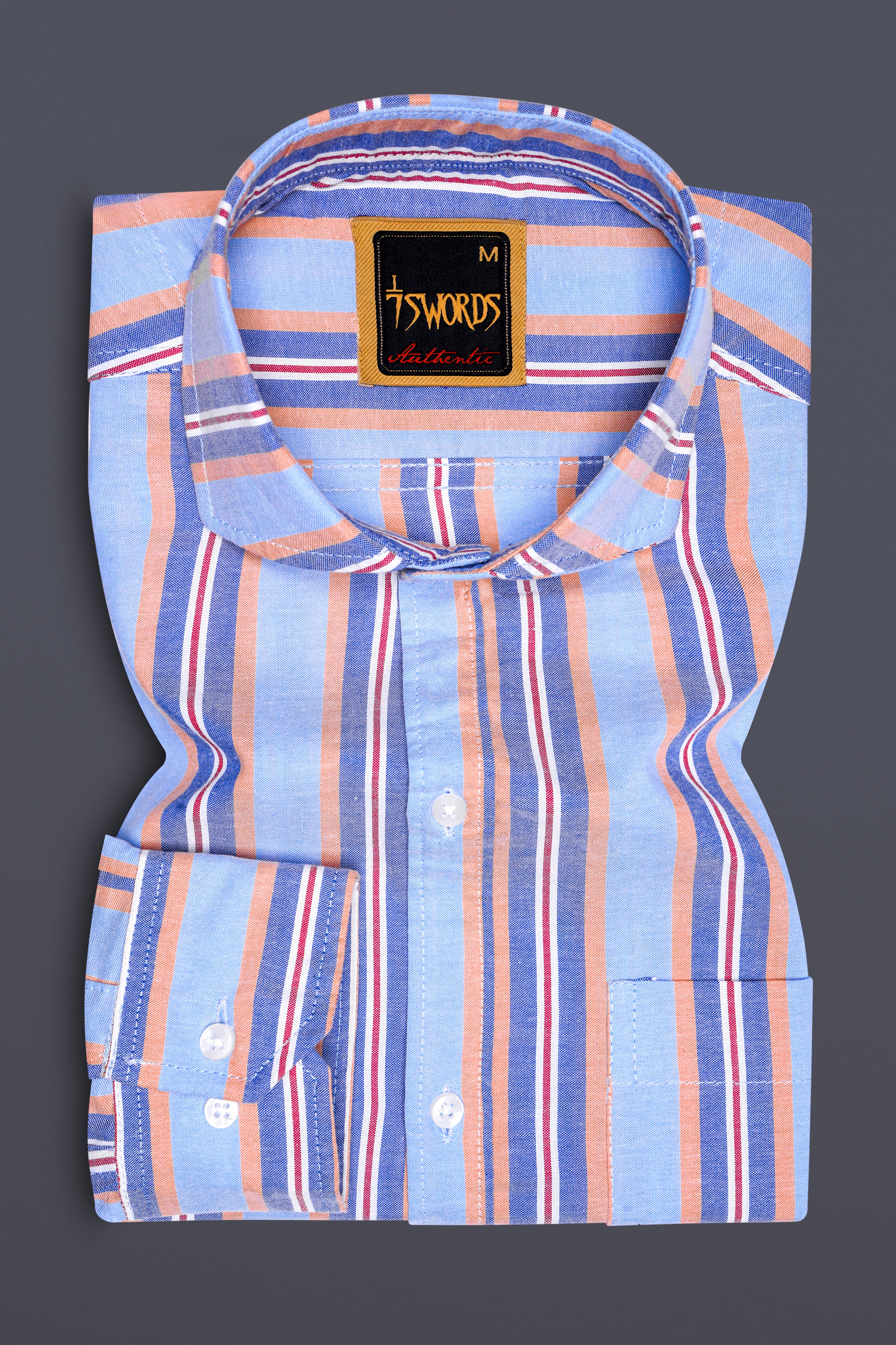 7swords-Periwinkle Blue and Tonys Brown Multicolour Striped Premium Cotton Shirt