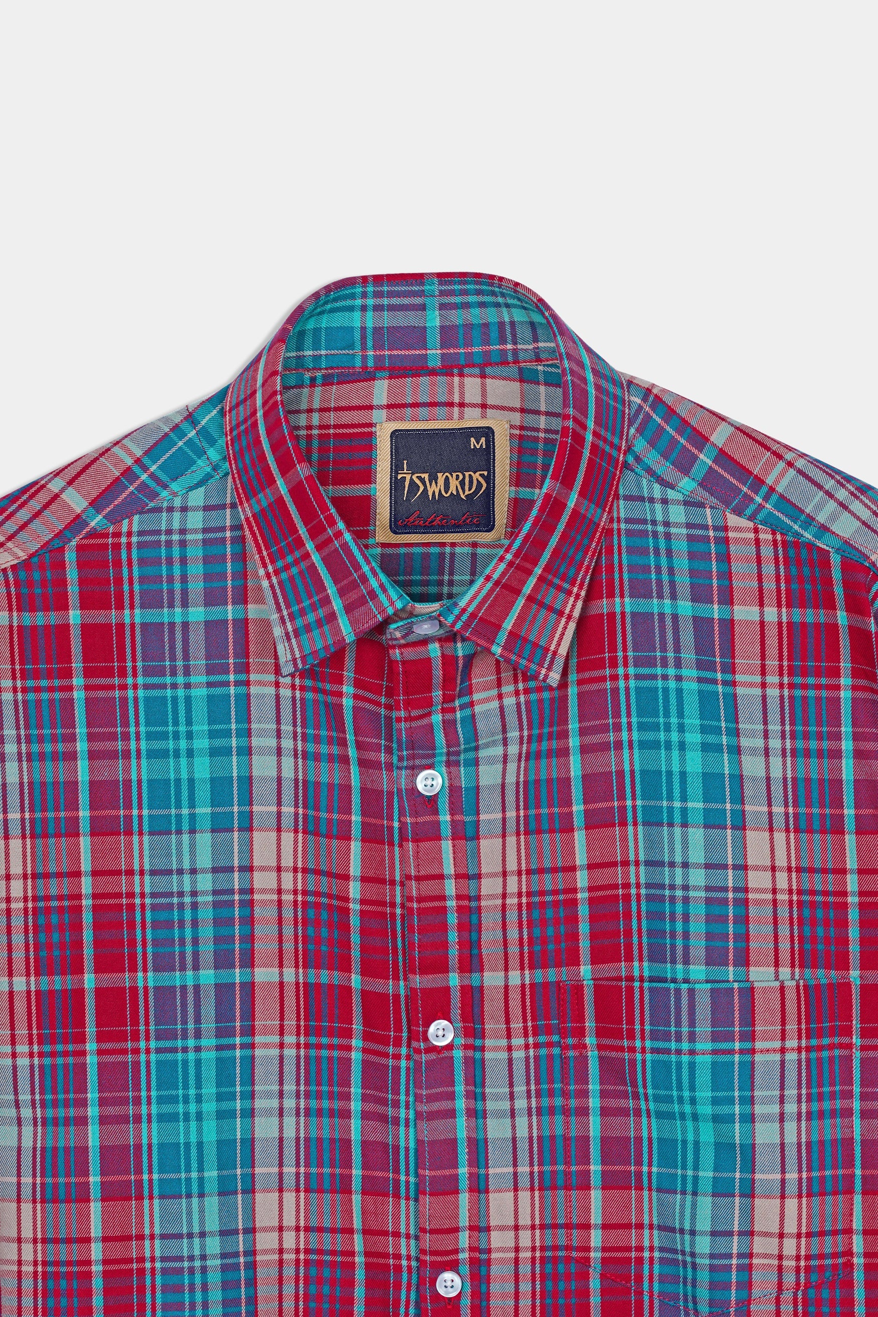 7swords-Scarlet Red and Bondi Blue Multicolor Plaid Premium Cotton Shirt 7S-152-38, 7S-152-39, 7S-152-40, 7S-152-42