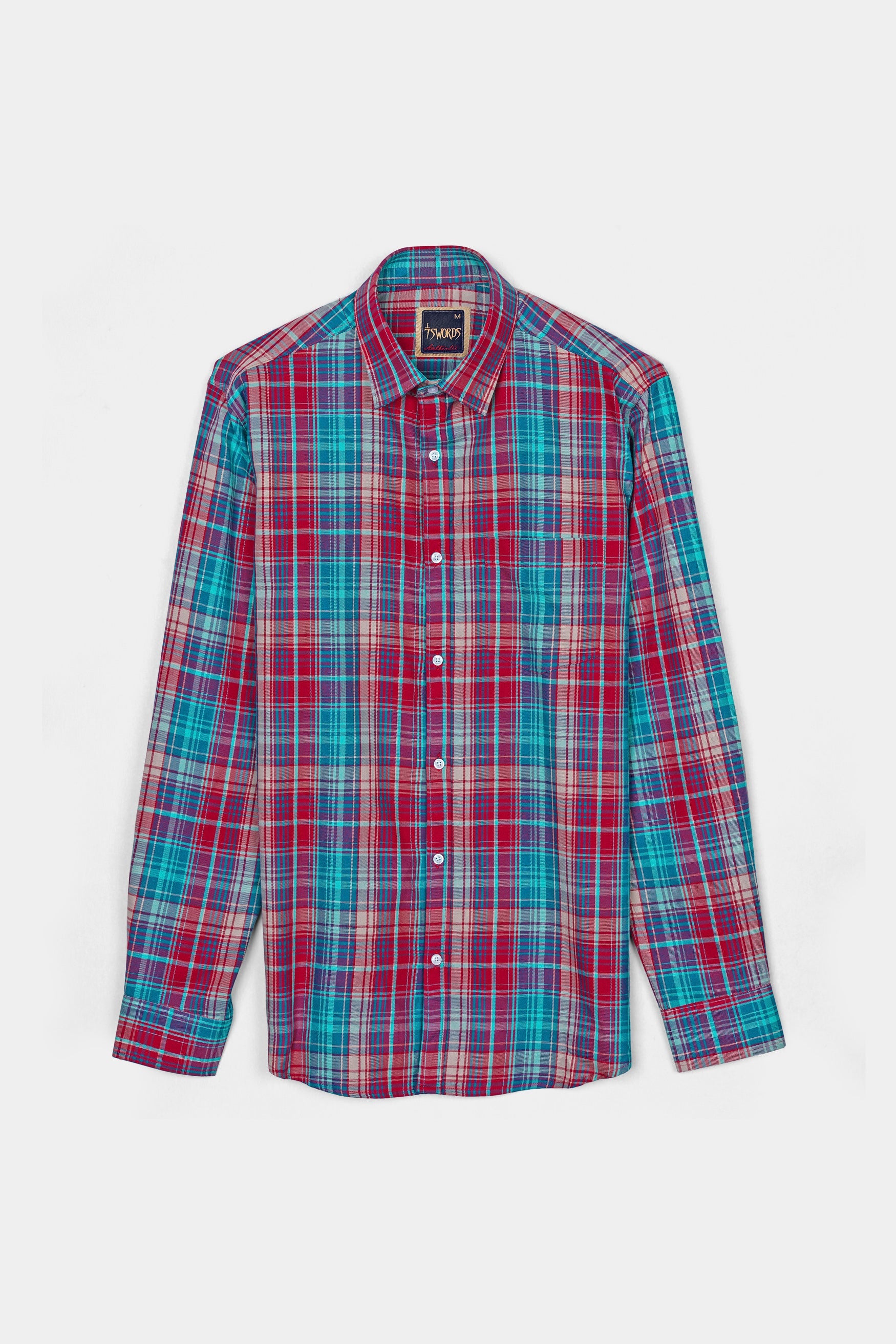 7swords-Scarlet Red and Bondi Blue Multicolor Plaid Premium Cotton Shirt 7S-152-38, 7S-152-39, 7S-152-40, 7S-152-42