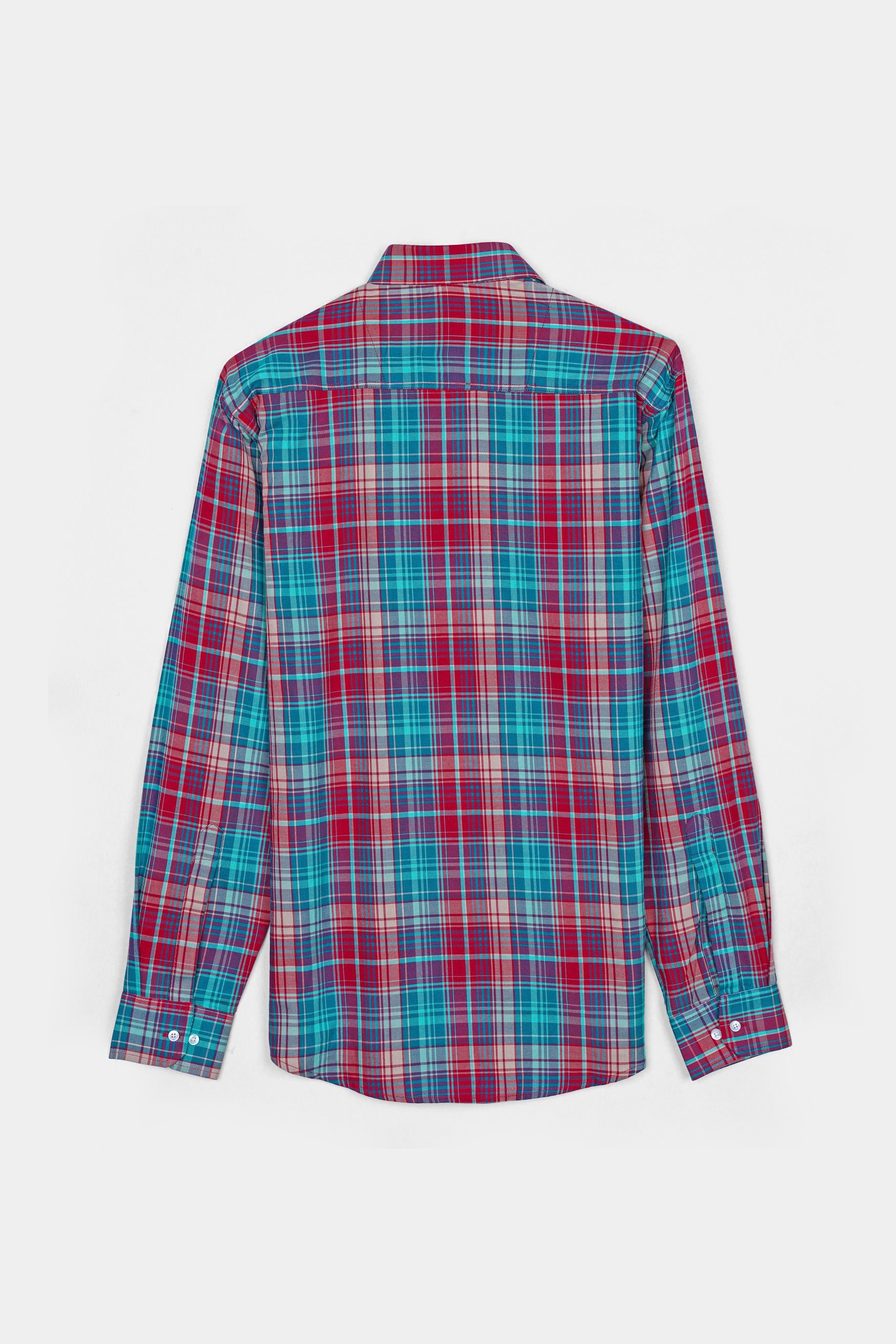 7swords-Scarlet Red and Bondi Blue Multicolor Plaid Premium Cotton Shirt 7S-152-38, 7S-152-39, 7S-152-40, 7S-152-42
