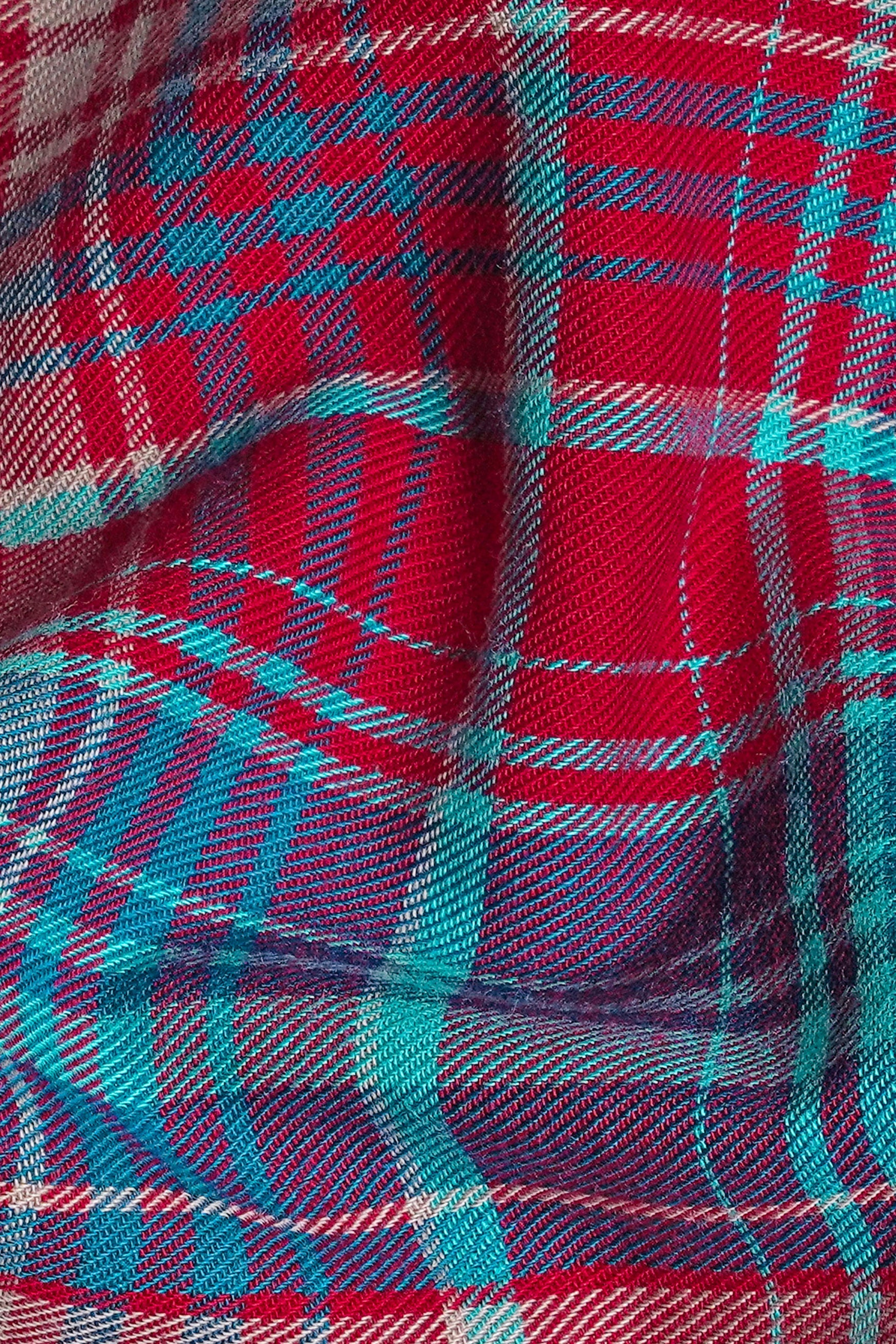 7swords-Scarlet Red and Bondi Blue Multicolor Plaid Premium Cotton Shirt 7S-152-38, 7S-152-39, 7S-152-40, 7S-152-42