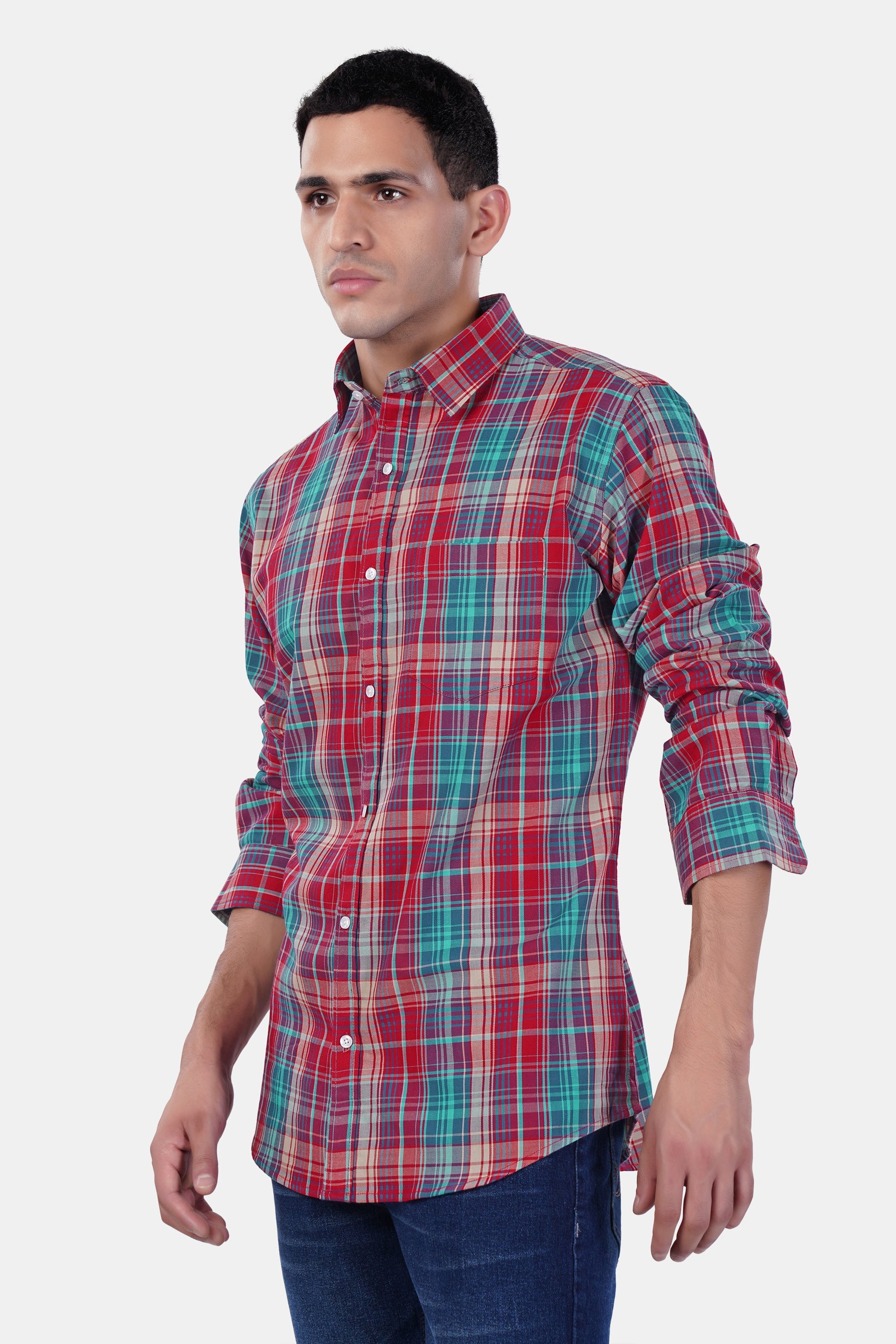 7swords-Scarlet Red and Bondi Blue Multicolor Plaid Premium Cotton Shirt 7S-152-38, 7S-152-39, 7S-152-40, 7S-152-42