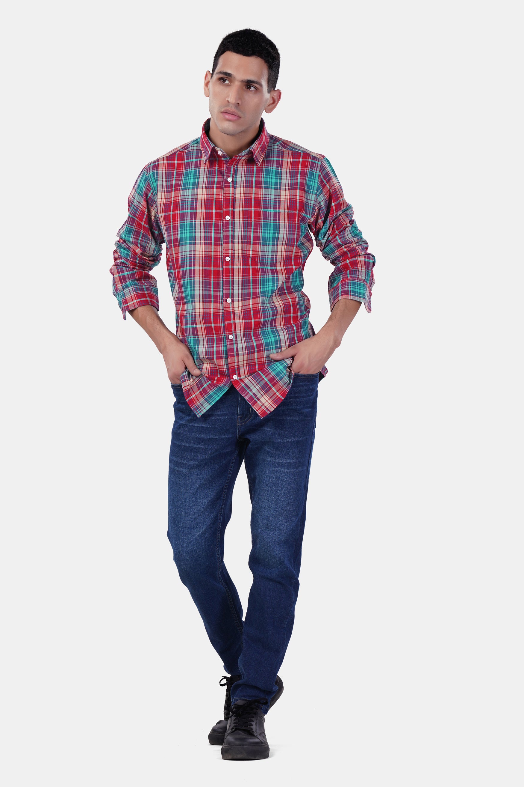 7swords-Scarlet Red and Bondi Blue Multicolor Plaid Premium Cotton Shirt 7S-152-38, 7S-152-39, 7S-152-40, 7S-152-42