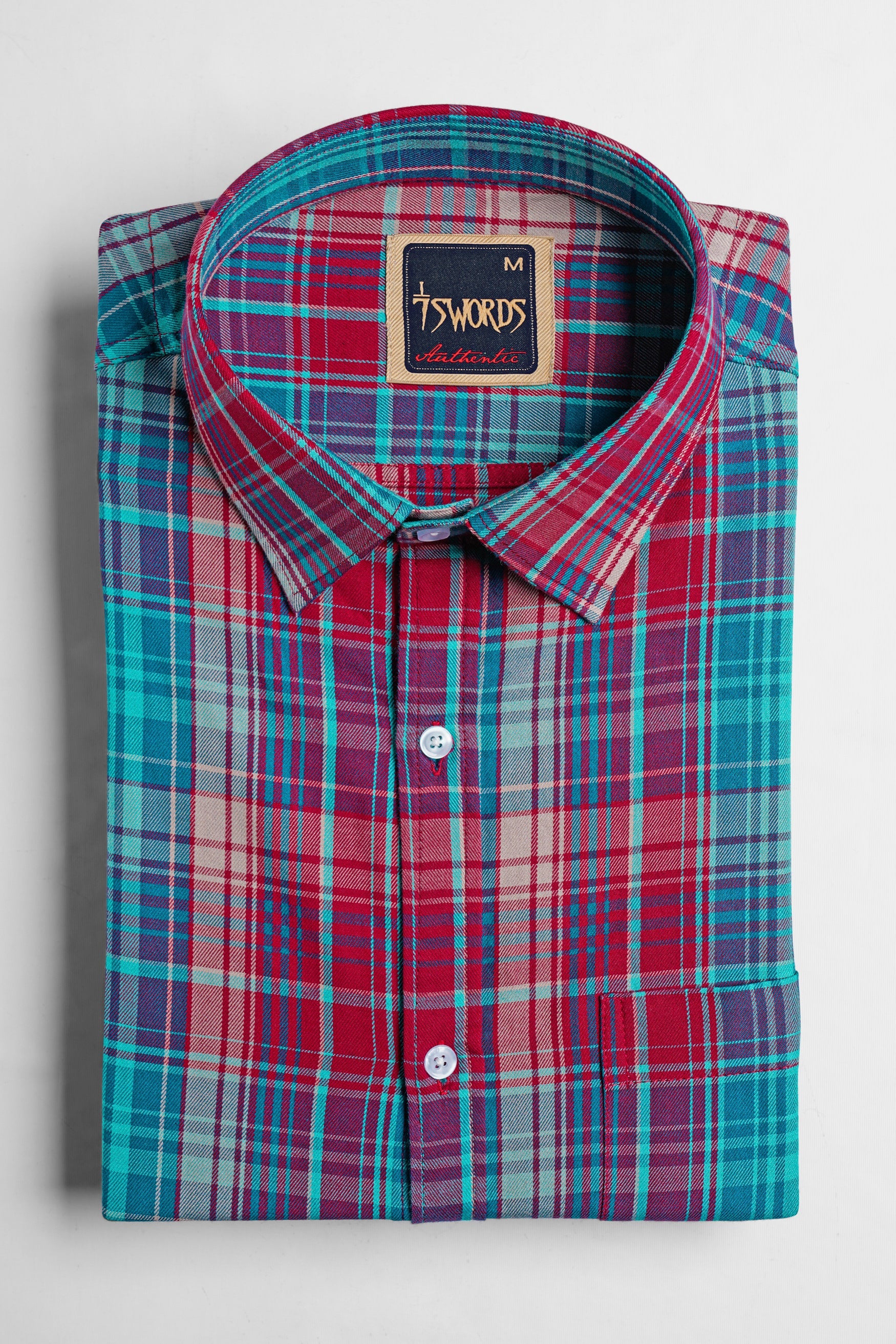 7swords-Scarlet Red and Bondi Blue Multicolor Plaid Premium Cotton Shirt 7S-152-38, 7S-152-39, 7S-152-40, 7S-152-42