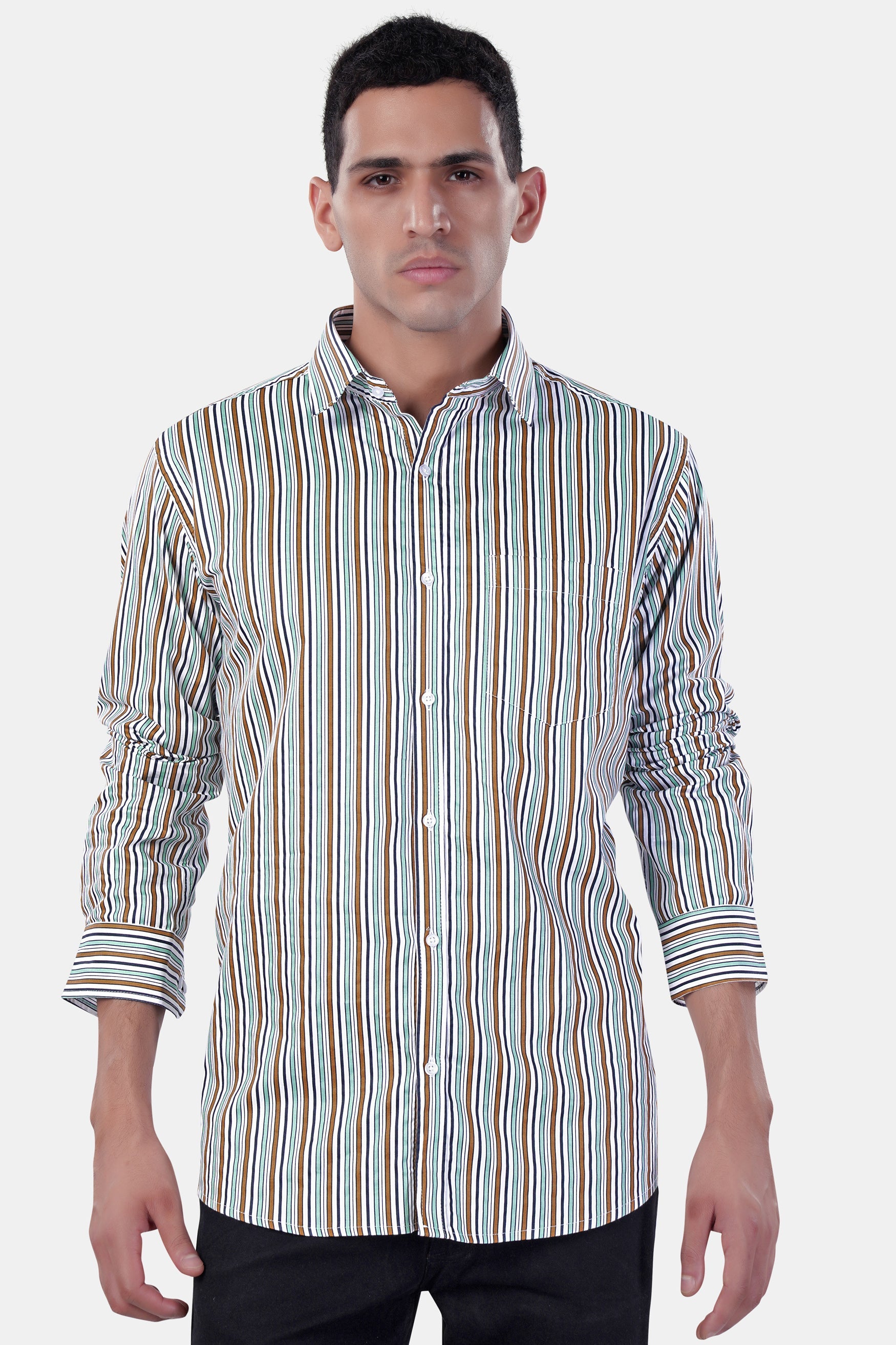 7swords-Bright White and Mocha Brown Multicolour Striped Premium Cotton Shirt 7S-153-38, 7S-153-39, 7S-153-40, 7S-153-42