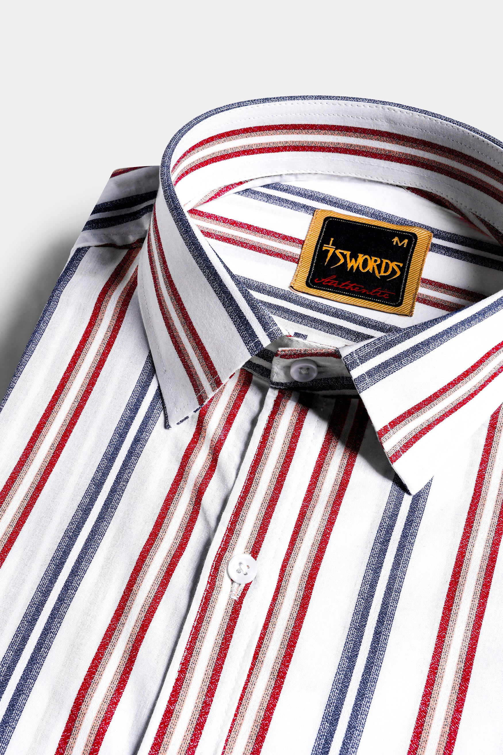 7swords-Bright White and Maple Red Multicolour Striped Premium Cotton Shirt 7S-157-38, 7S-157-39, 7S-157-40, 7S-157-42