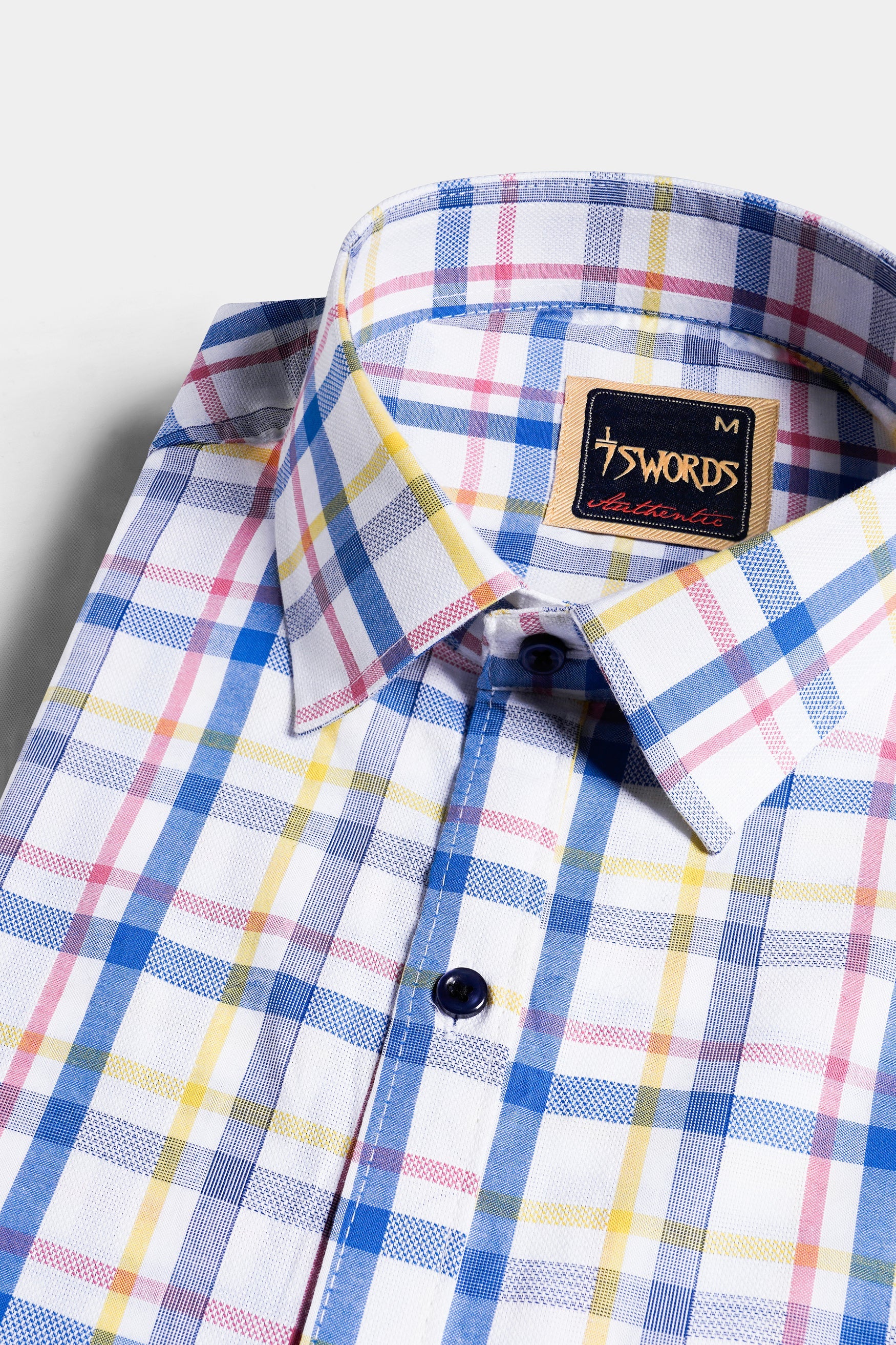 7swords-Bright White with Tory Blue and Arylide Yellow Plaid Premium Cotton Shirt 7S-159-BLK-38, 7S-159-BLK-39, 7S-159-BLK-40, 7S-159-BLK-42