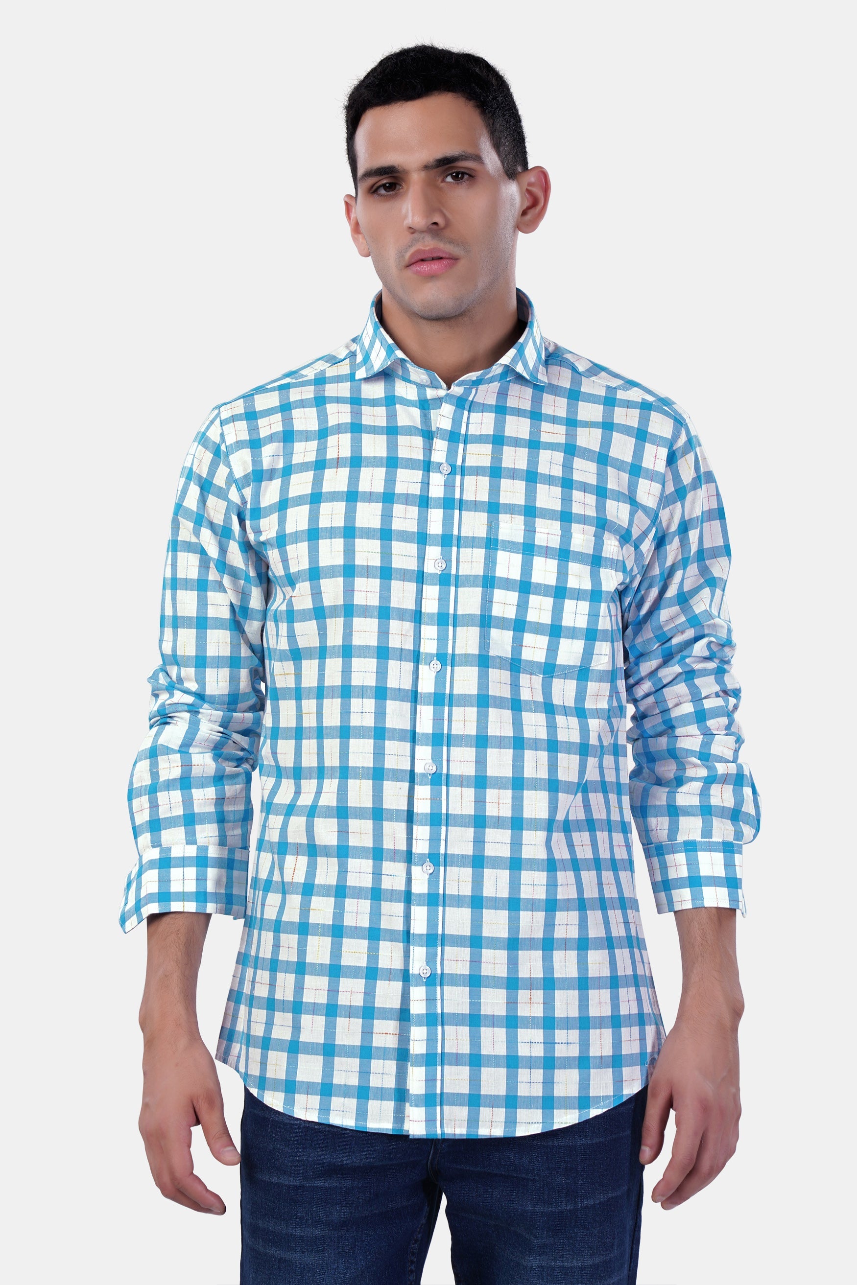 7swords-Picton Blue and White Plaid Premium Cotton Shirt 7S-161-CA-38, 7S-161-CA-39, 7S-161-CA-40, 7S-161-CA-42
