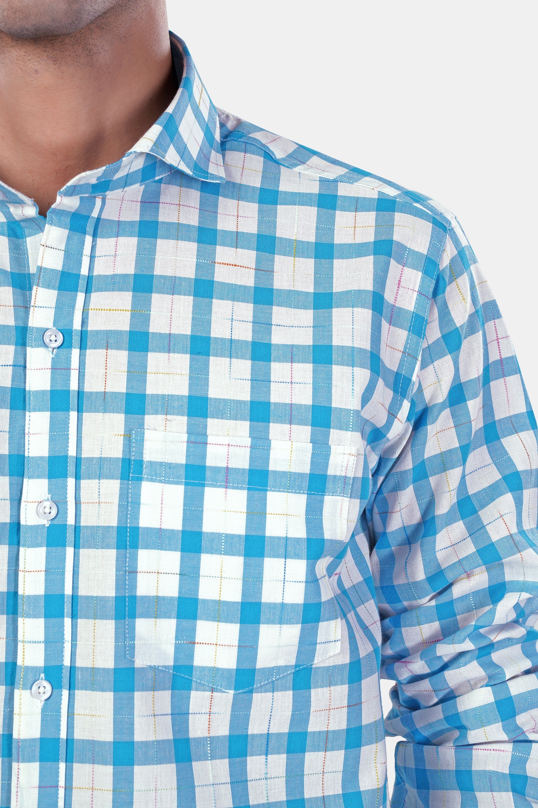 7swords-Picton Blue and White Plaid Premium Cotton Shirt 7S-161-CA-38, 7S-161-CA-39, 7S-161-CA-40, 7S-161-CA-42