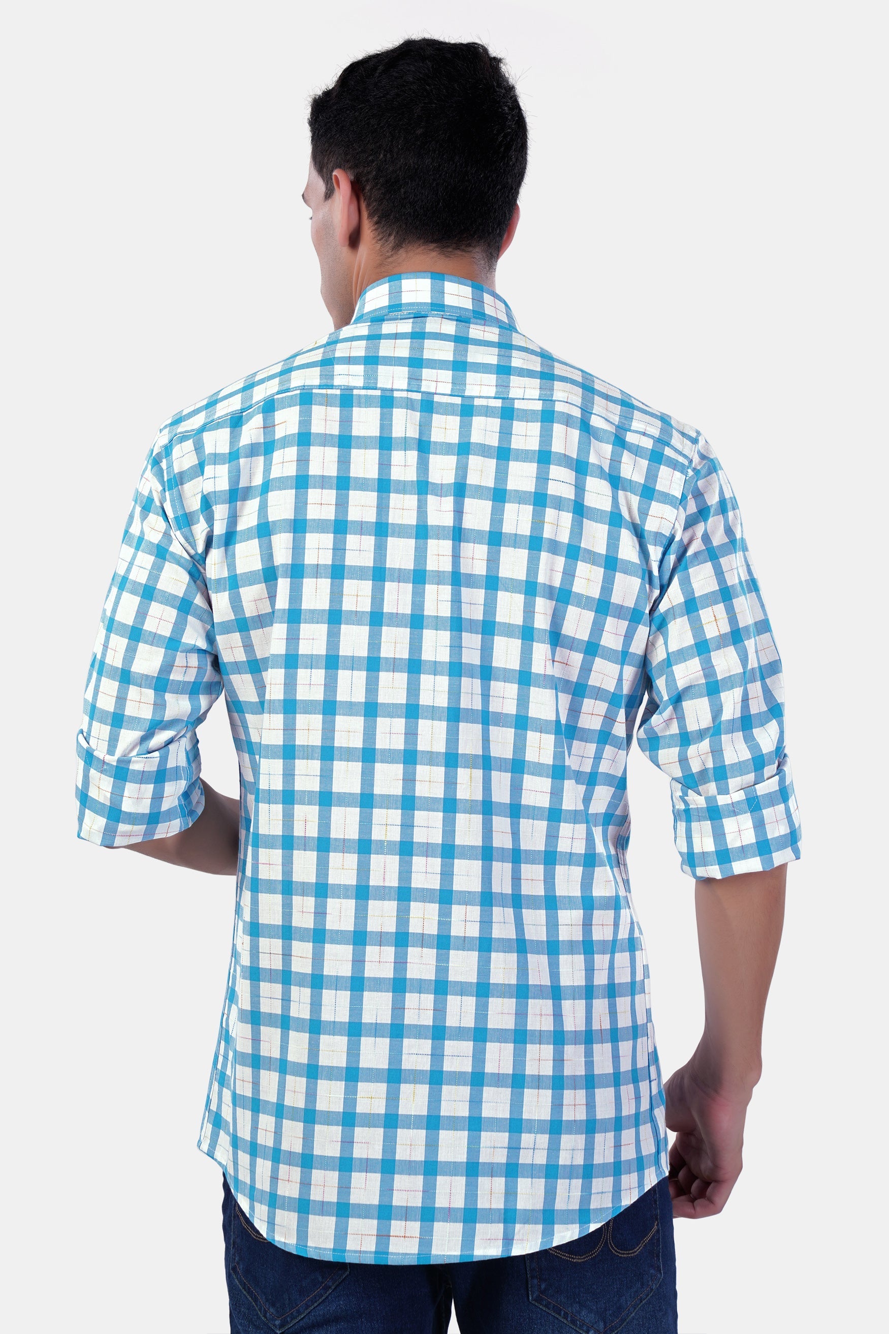 7swords-Picton Blue and White Plaid Premium Cotton Shirt 7S-161-CA-38, 7S-161-CA-39, 7S-161-CA-40, 7S-161-CA-42
