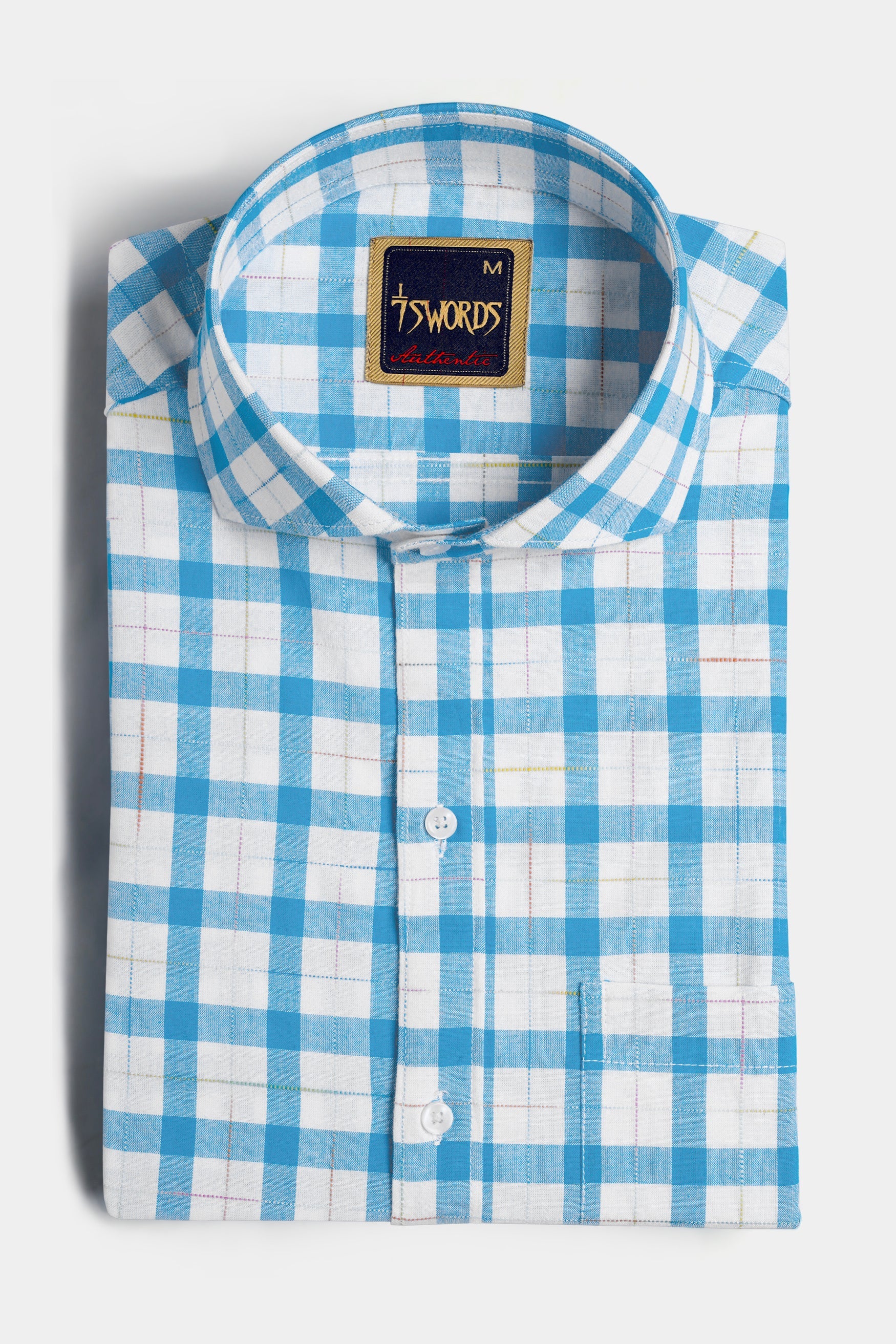 7swords-Picton Blue and White Plaid Premium Cotton Shirt 7S-161-CA-38, 7S-161-CA-39, 7S-161-CA-40, 7S-161-CA-42