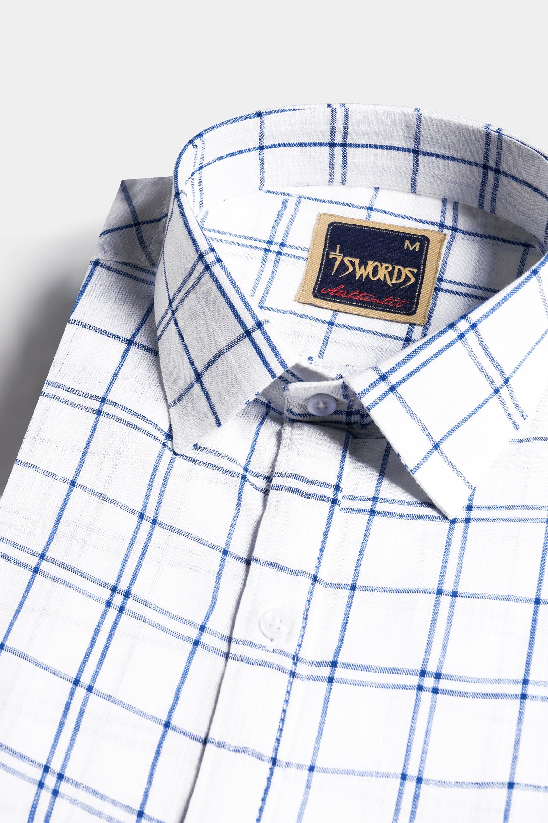 7swords-Bright White and Azure Blue Plaid Premium Cotton Shirt 7S-164-38, 7S-164-39, 7S-164-40, 7S-164-42