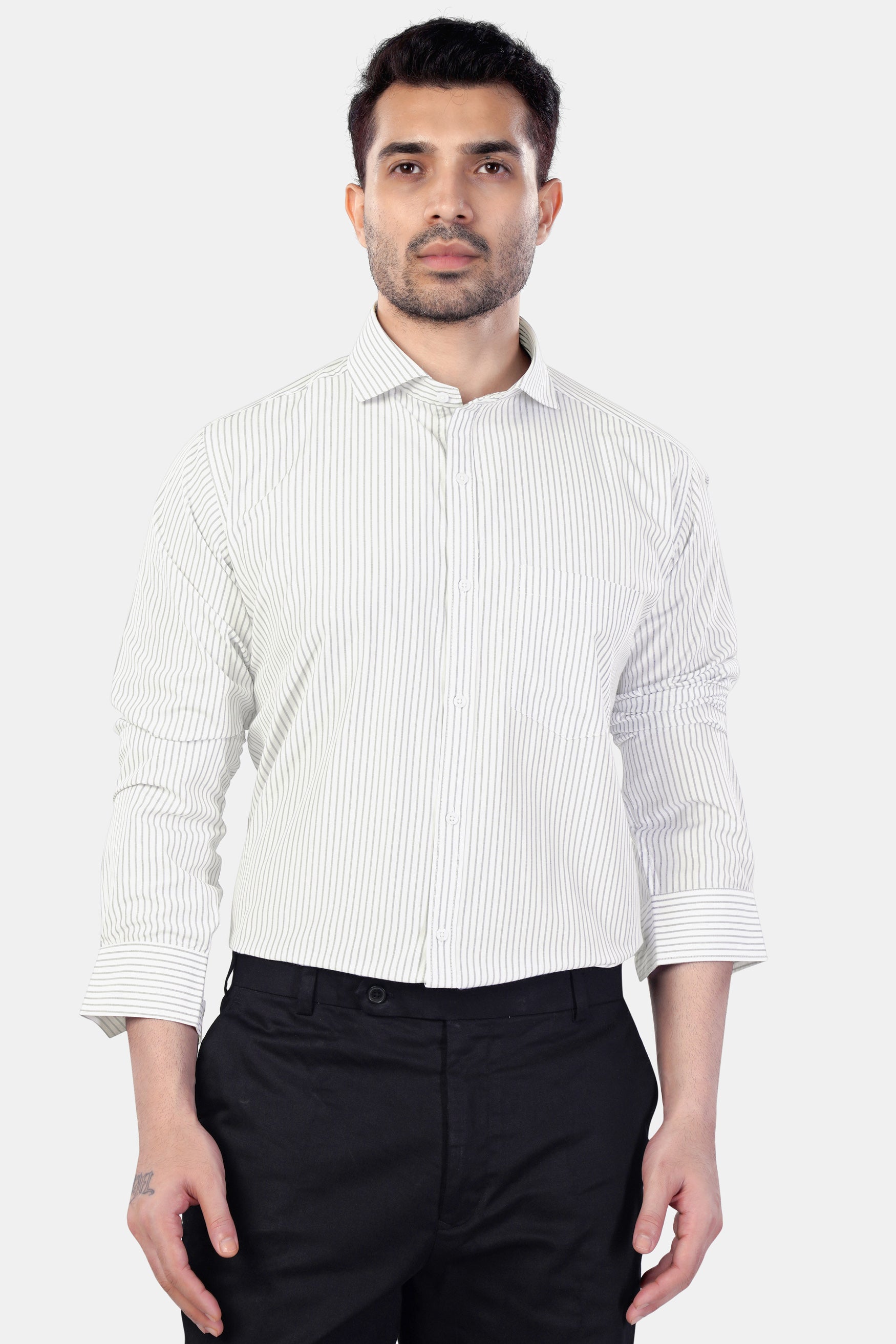 7swords-Bright White and Nobel Gray Striped Premium Cotton Shirt 7S-172-CA-38, 7S-172-CA-39, 7S-172-CA-40, 7S-172-CA-42