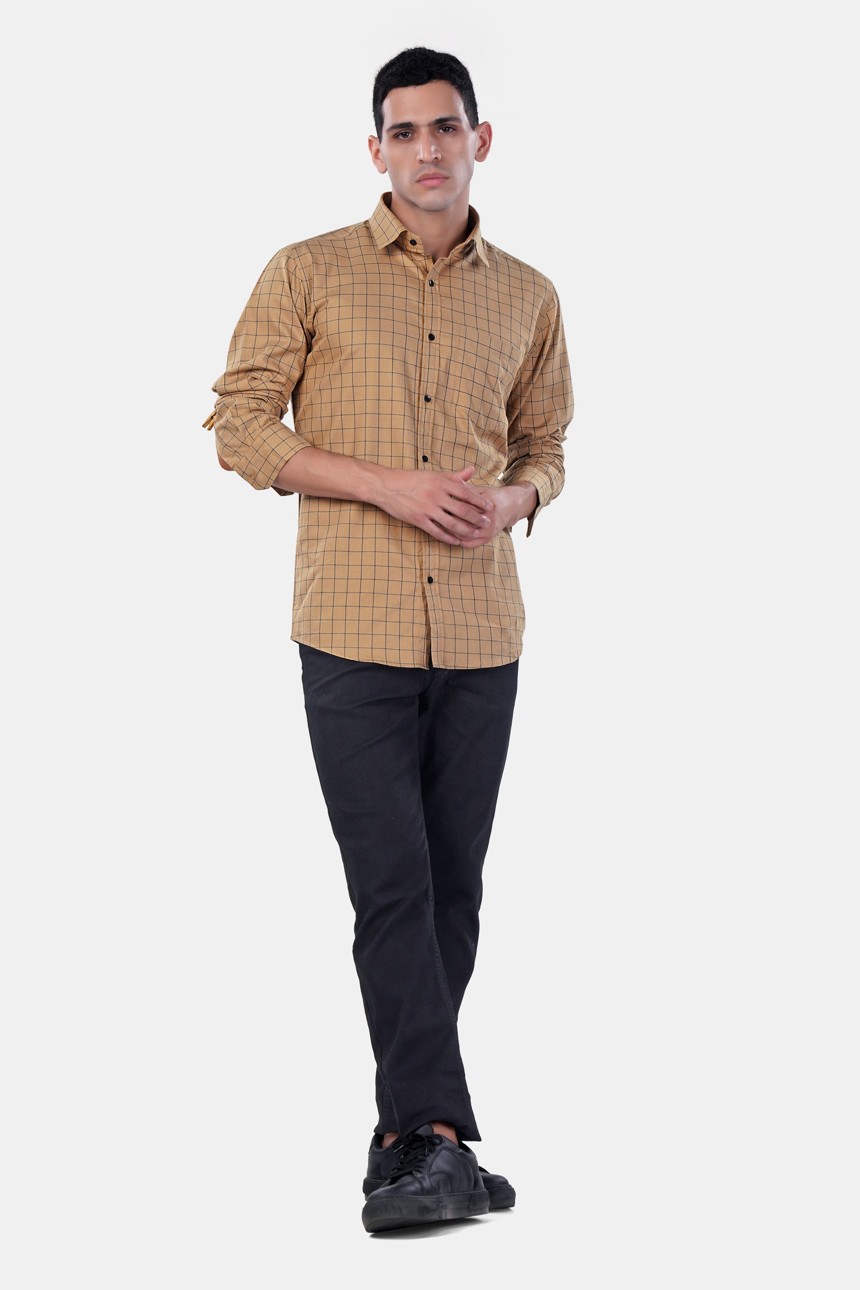 7swords-Tan Brown and Jade Black Windowpane Premium Cotton Shirt 7S-173-BLK-38, 7S-173-BLK-39, 7S-173-BLK-40, 7S-173-BLK-42
