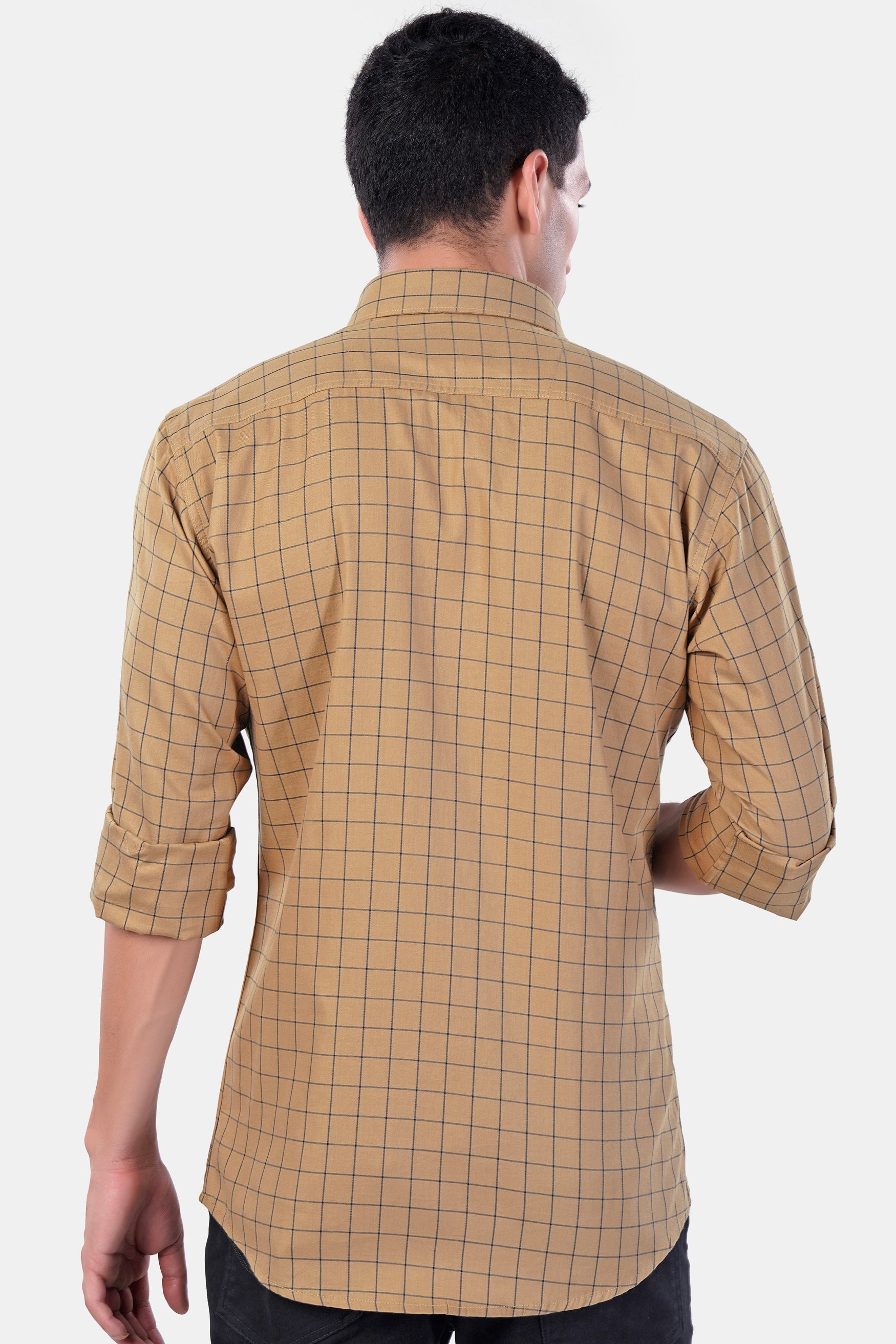 7swords-Tan Brown and Jade Black Windowpane Premium Cotton Shirt 7S-173-BLK-38, 7S-173-BLK-39, 7S-173-BLK-40, 7S-173-BLK-42
