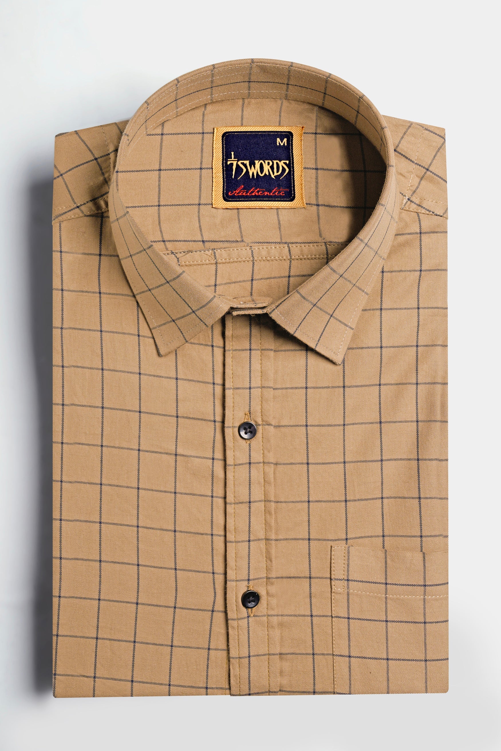 7swords-Tan Brown and Jade Black Windowpane Premium Cotton Shirt 7S-173-BLK-38, 7S-173-BLK-39, 7S-173-BLK-40, 7S-173-BLK-42