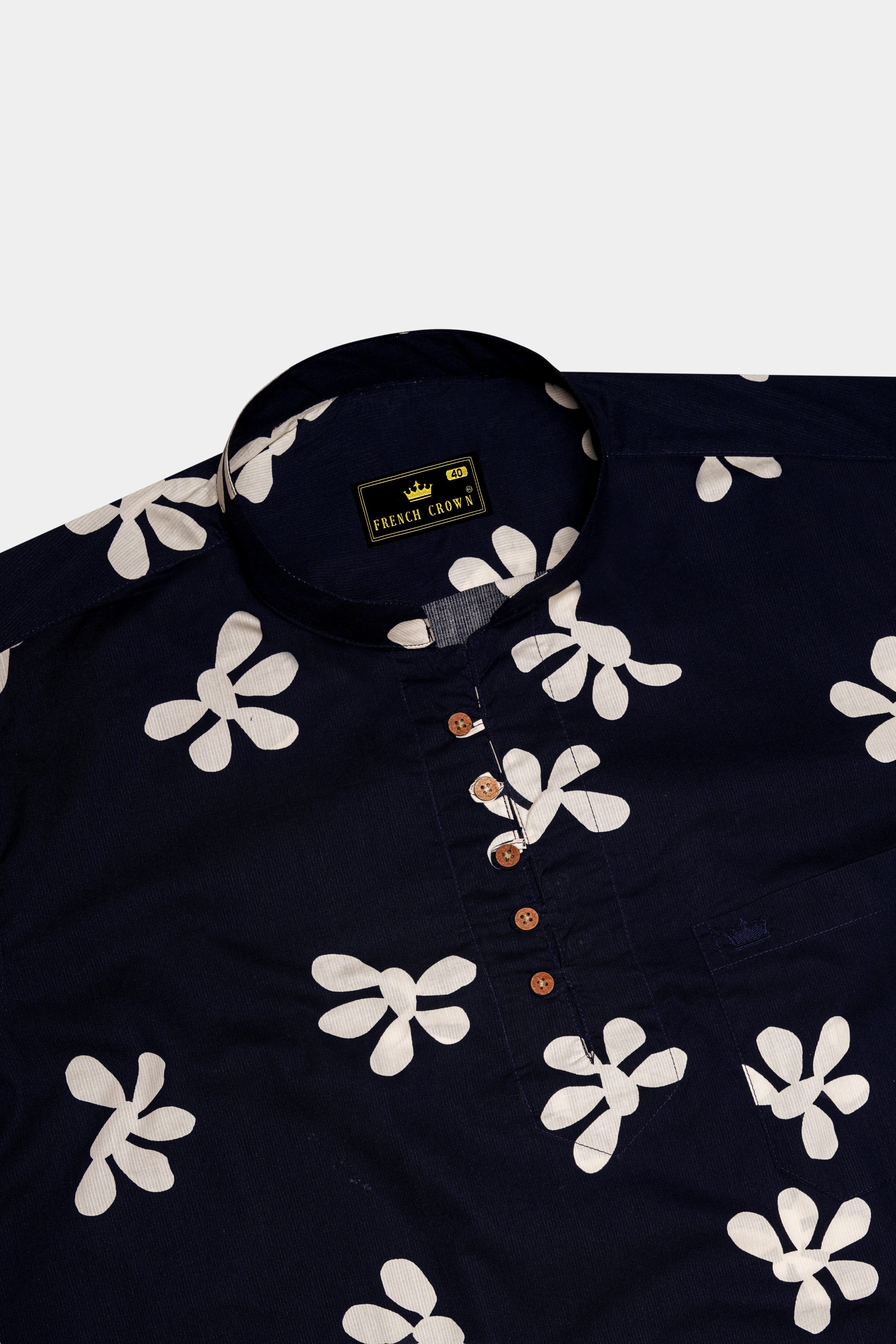 Ebony Clay Blue Floral Printed Dobby Textured Premium Giza Cotton Kurta Shirt