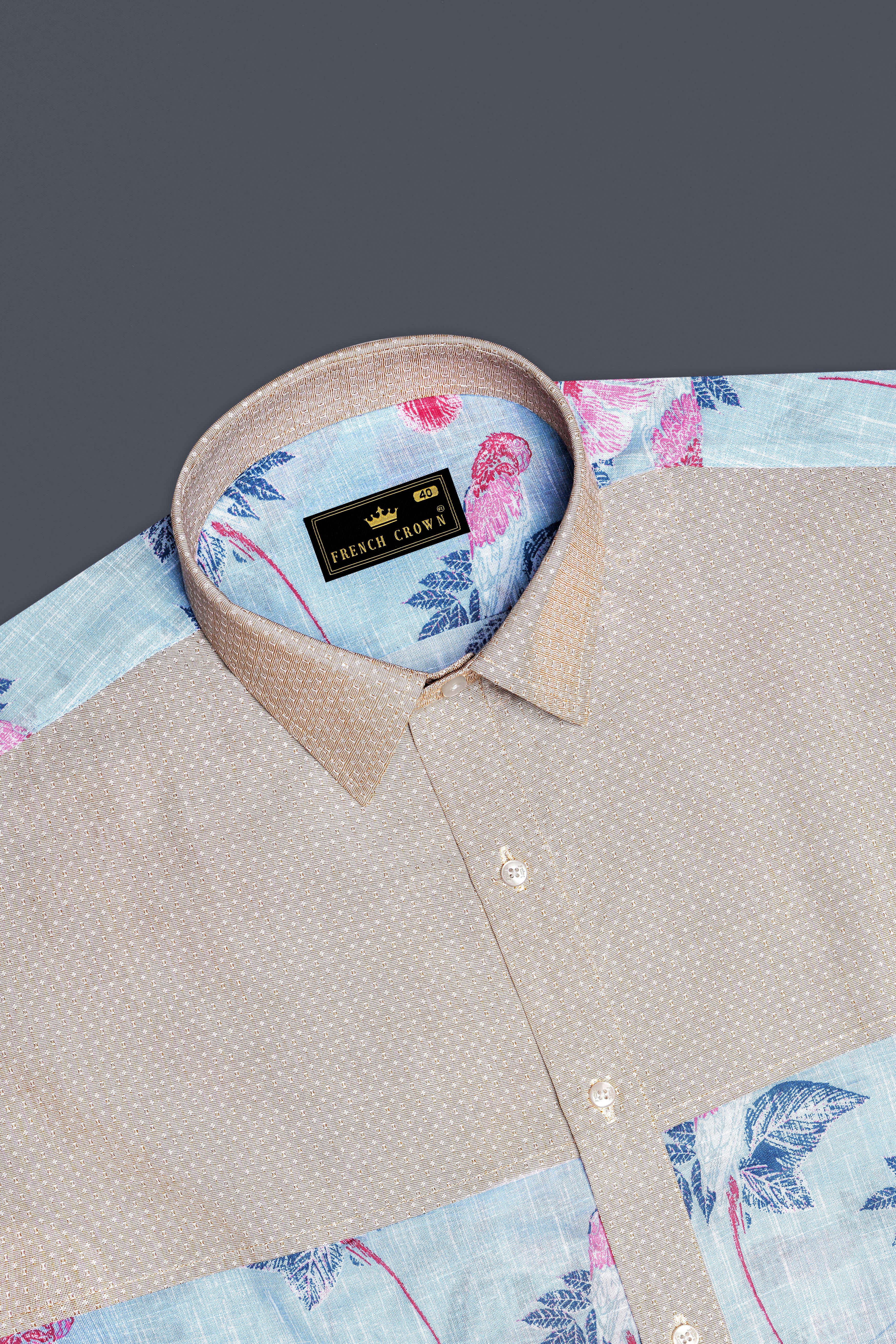 Mercury Blue Floral Printed and Cold Turkey Brown Chambray Premium Cotton Designer Shirt