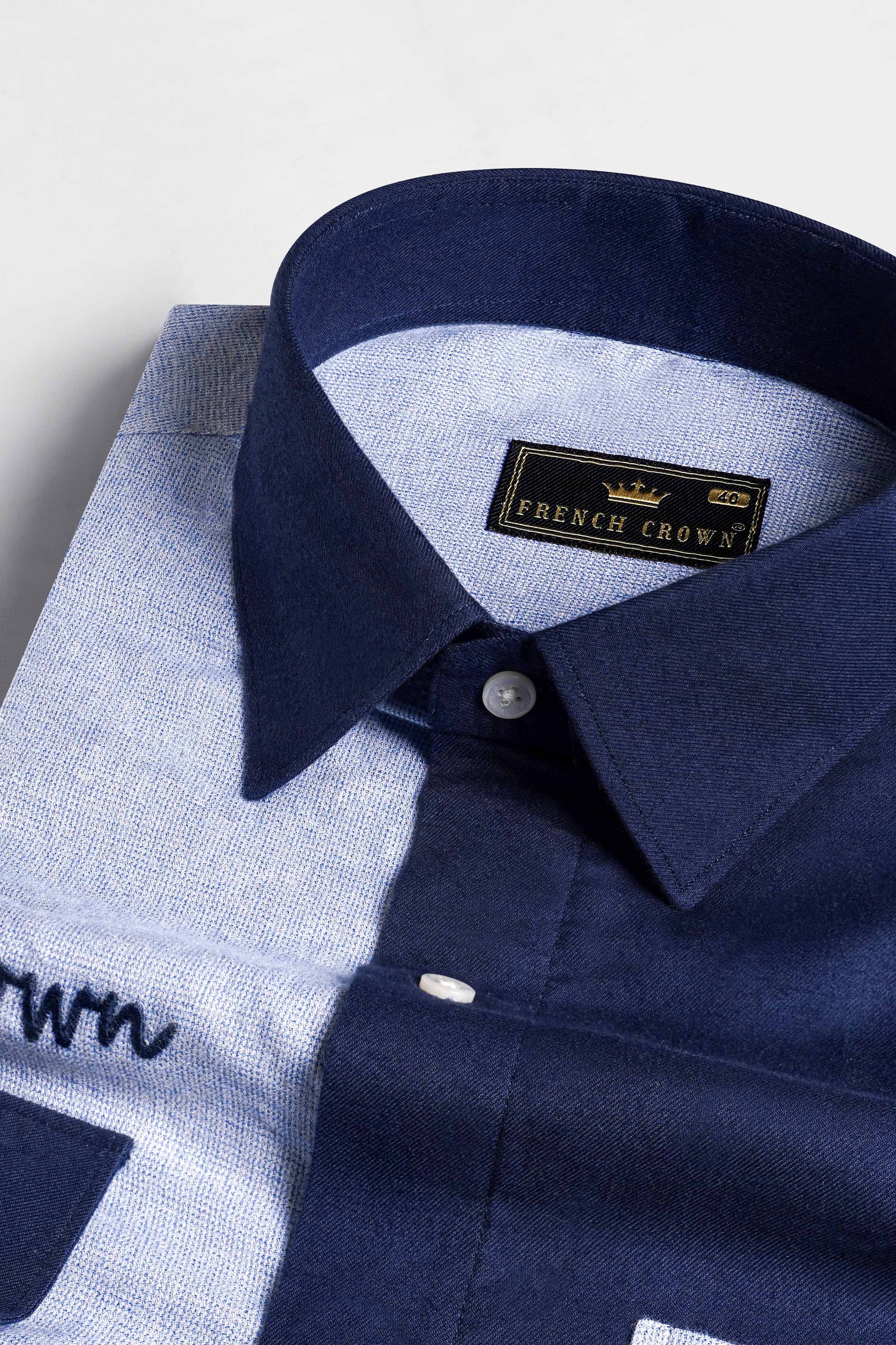 Half Platinum Blue and Half Firefly Blue Twill Premium Cotton Designer Signature Shirt