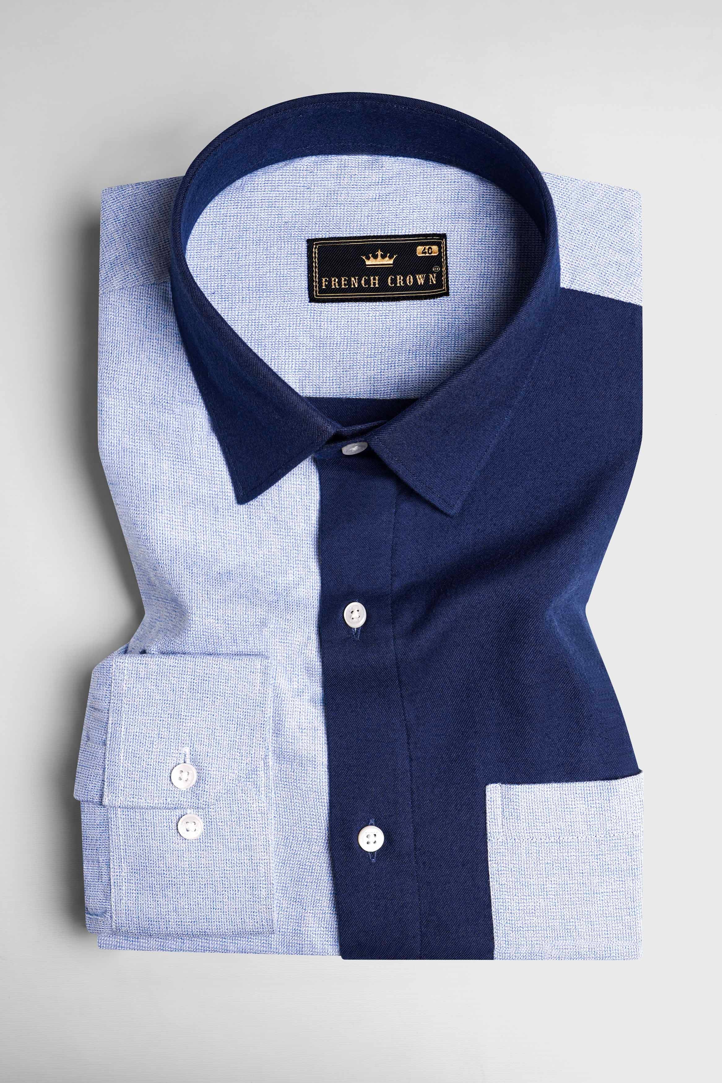 Half Platinum Blue and Half Firefly Blue Twill Premium Cotton Designer Signature Shirt