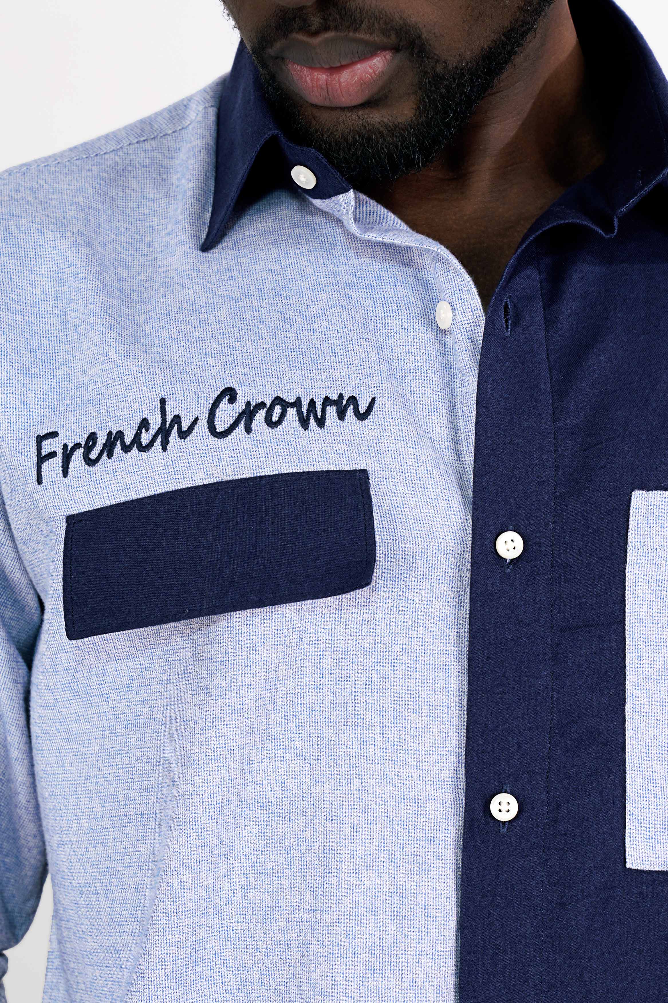 Half Platinum Blue and Half Firefly Blue Twill Premium Cotton Designer Signature Shirt