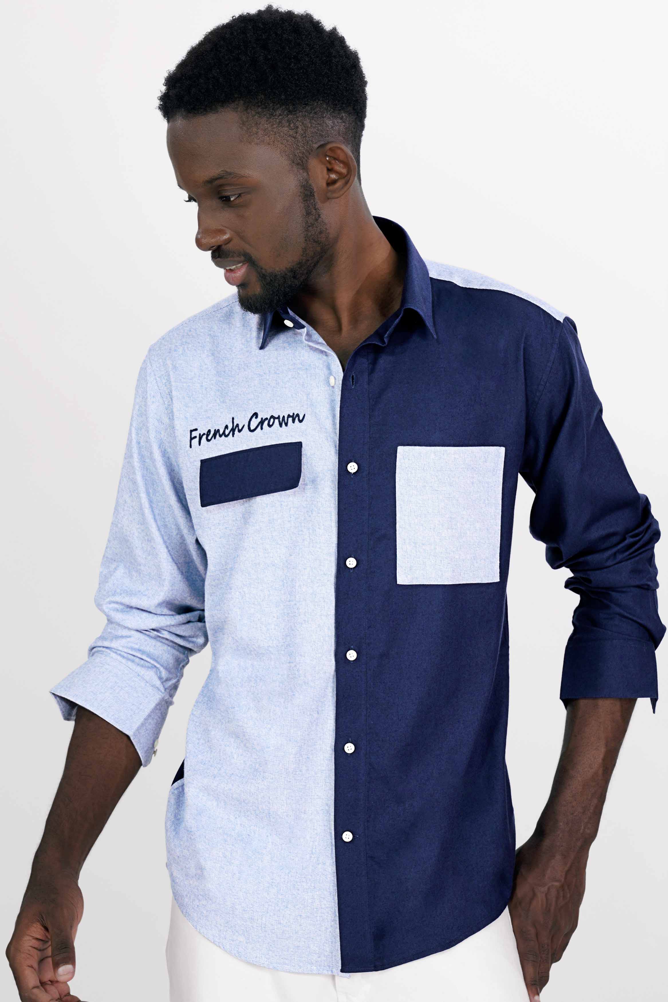 Half Platinum Blue and Half Firefly Blue Twill Premium Cotton Designer Signature Shirt