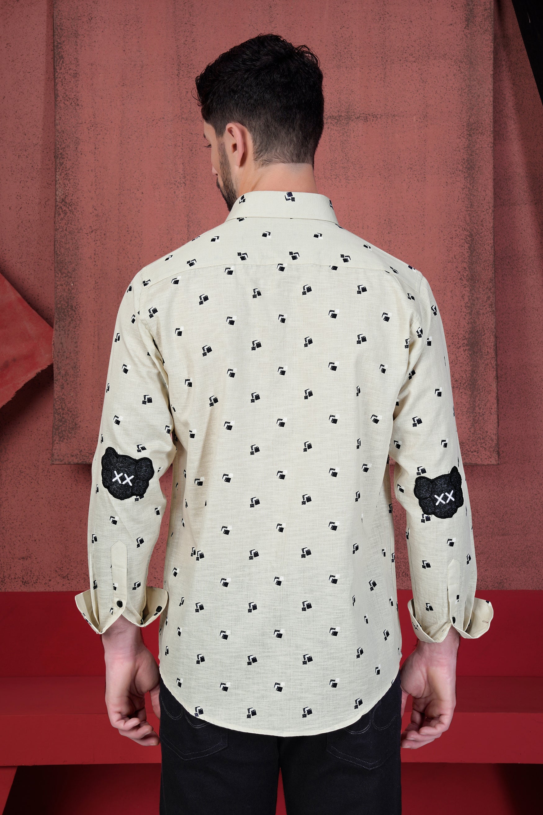 Nebula Cream Printed with Elbow Patchwork Luxurious Linen Designer Shirt