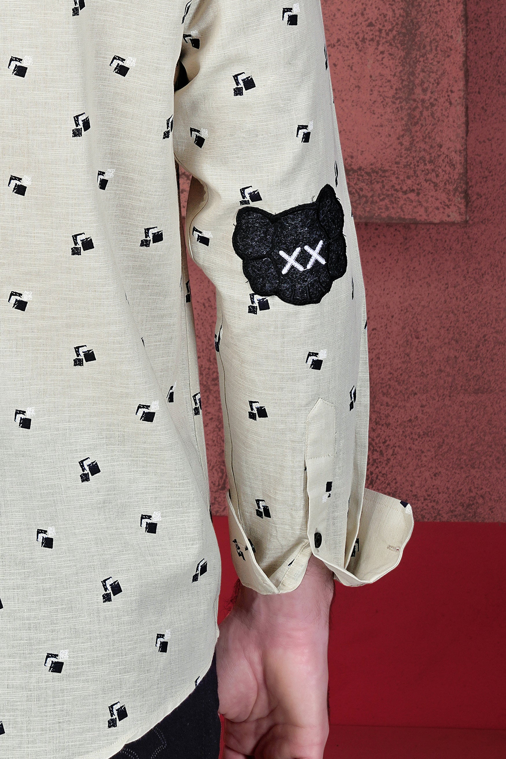 Nebula Cream Printed with Elbow Patchwork Luxurious Linen Designer Shirt