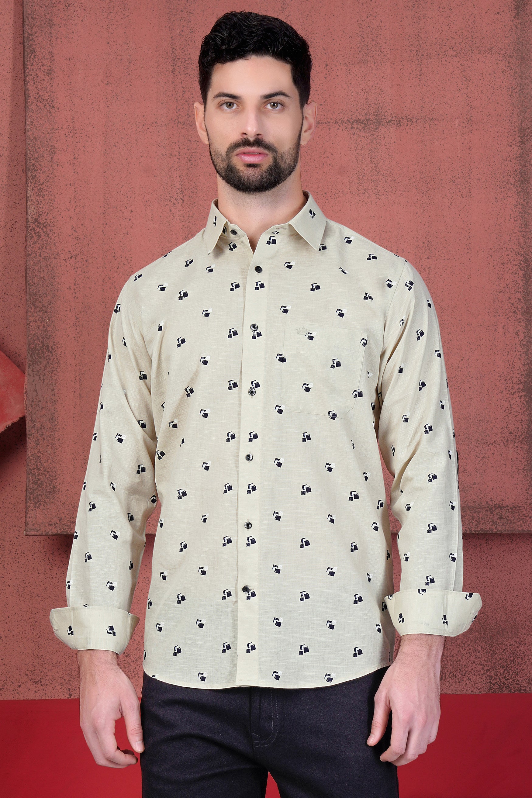Nebula Cream Printed with Elbow Patchwork Luxurious Linen Designer Shirt