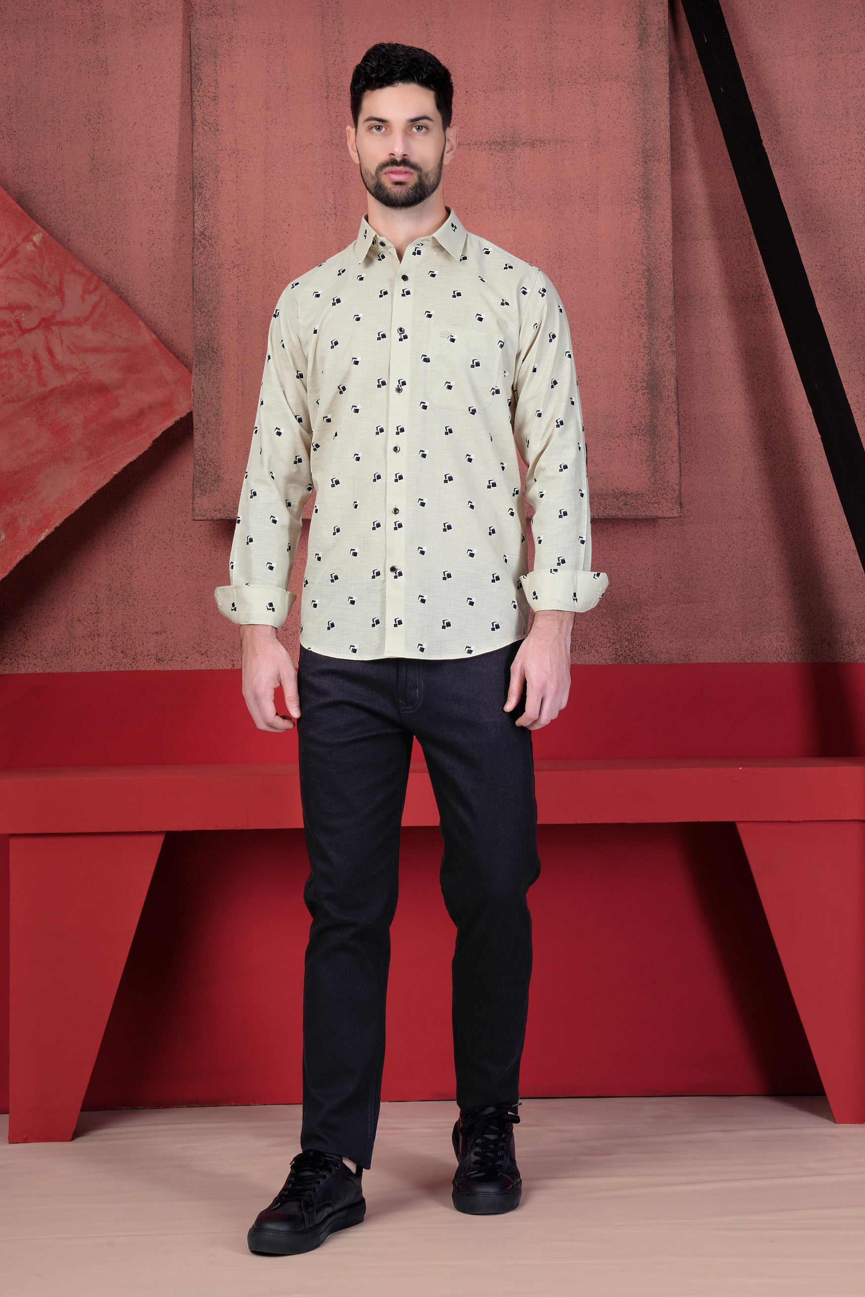 Nebula Cream Printed with Elbow Patchwork Luxurious Linen Designer Shirt