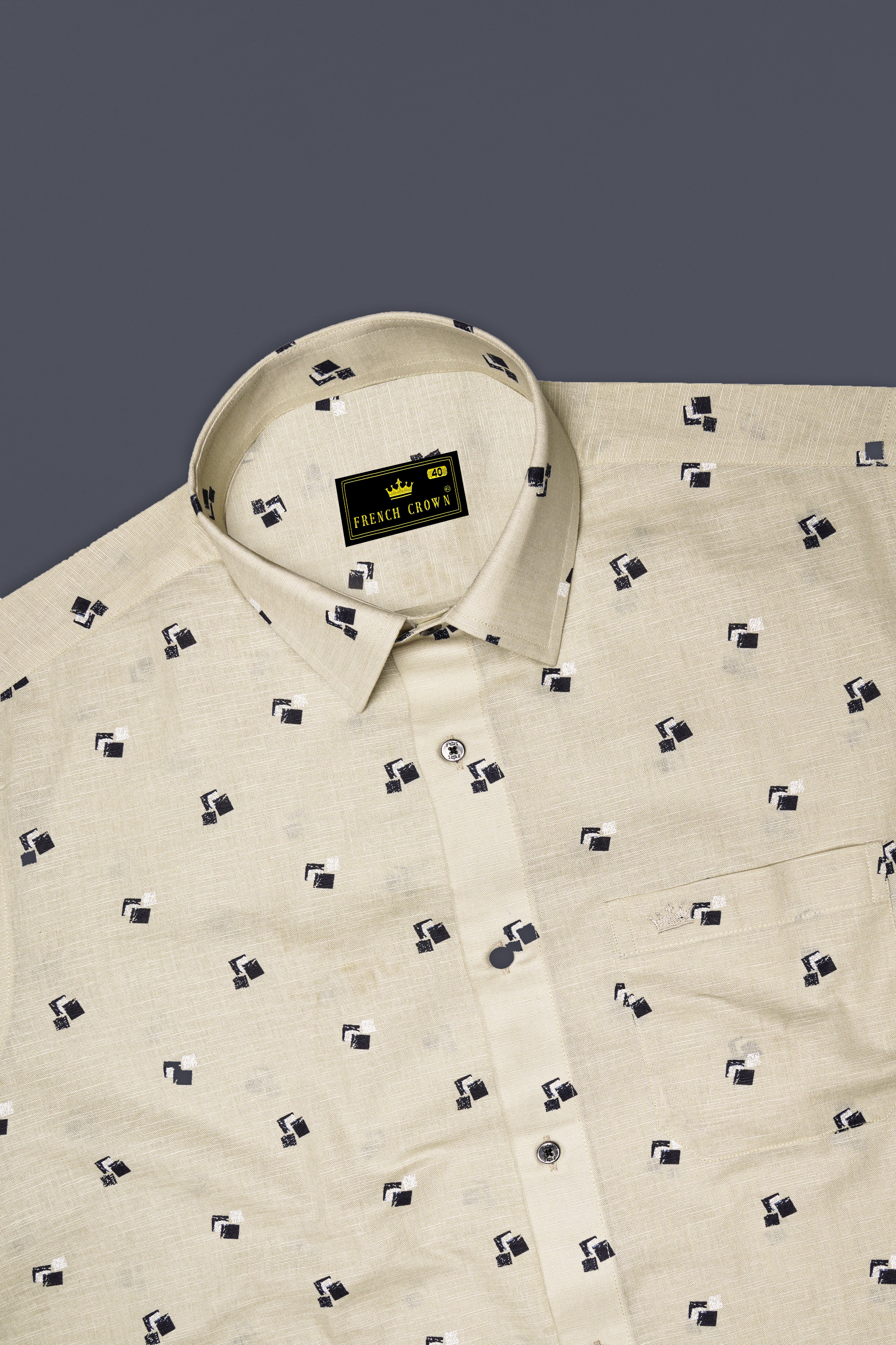 Egg Shell Cream Printed Luxurious Linen Shirt