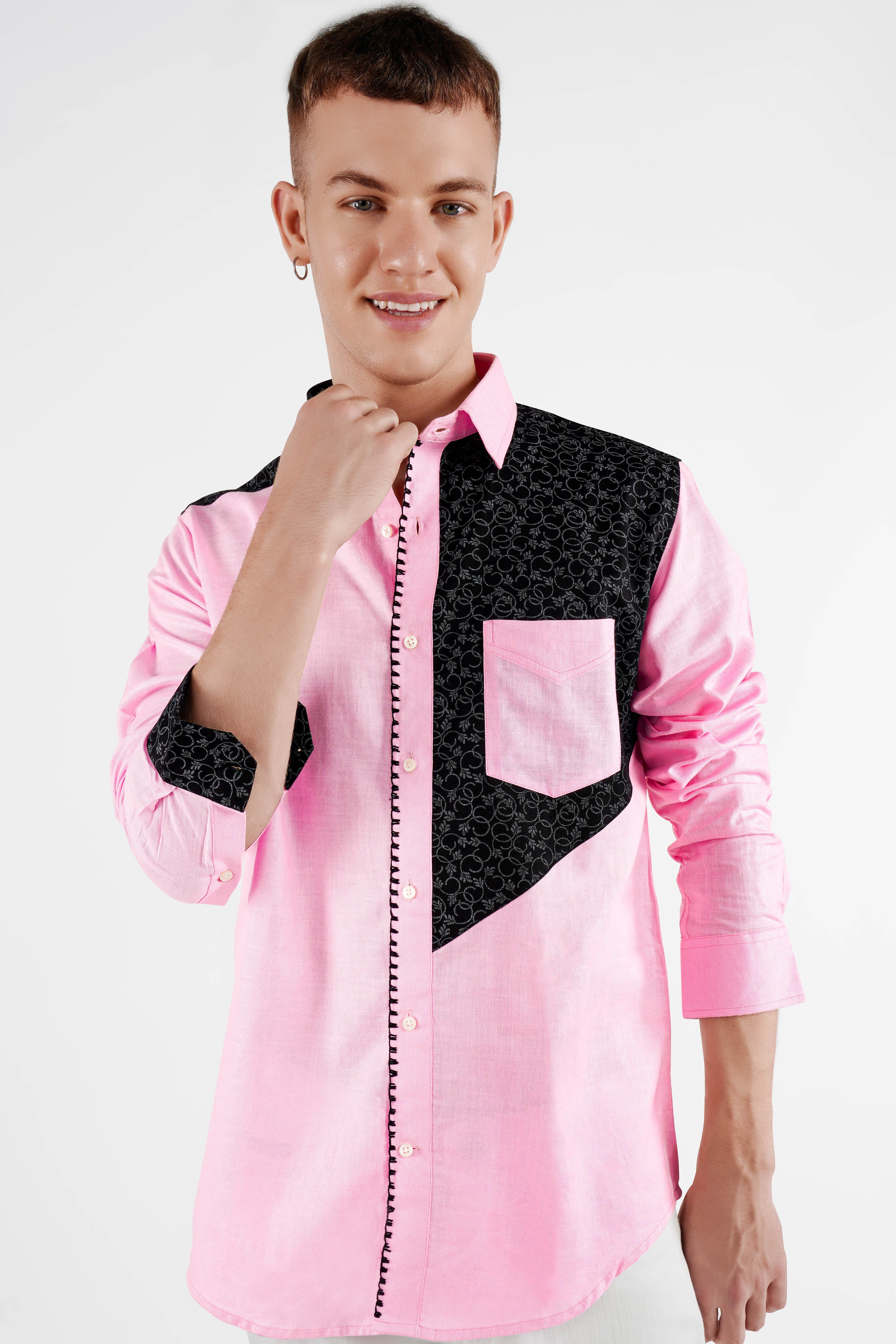 Chantilly Pink and Onyx Black Hand Embroidered Dobby Premium Giza Cotton Designer Shirt
