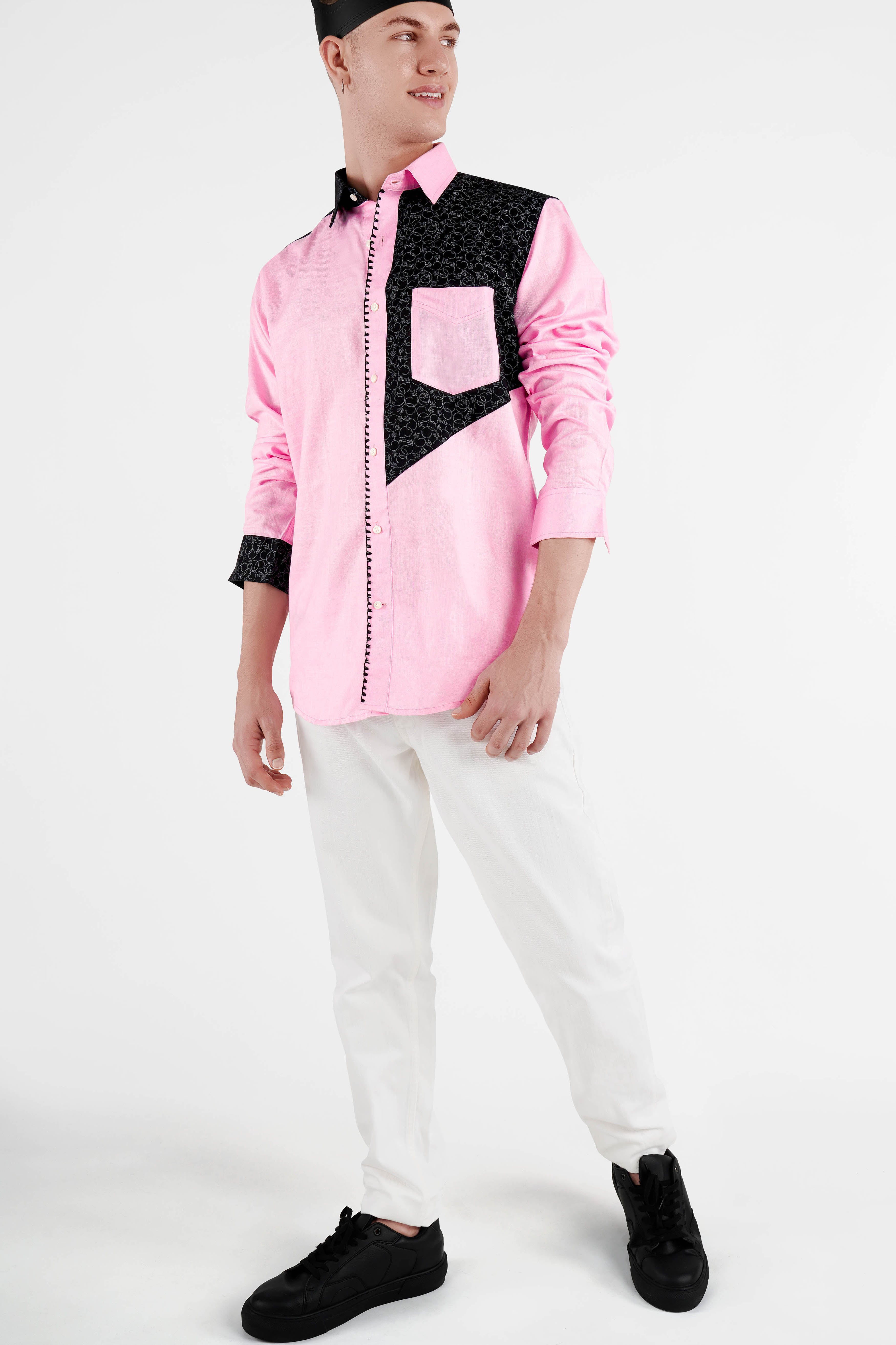 Chantilly Pink and Onyx Black Hand Embroidered Dobby Premium Giza Cotton Designer Shirt