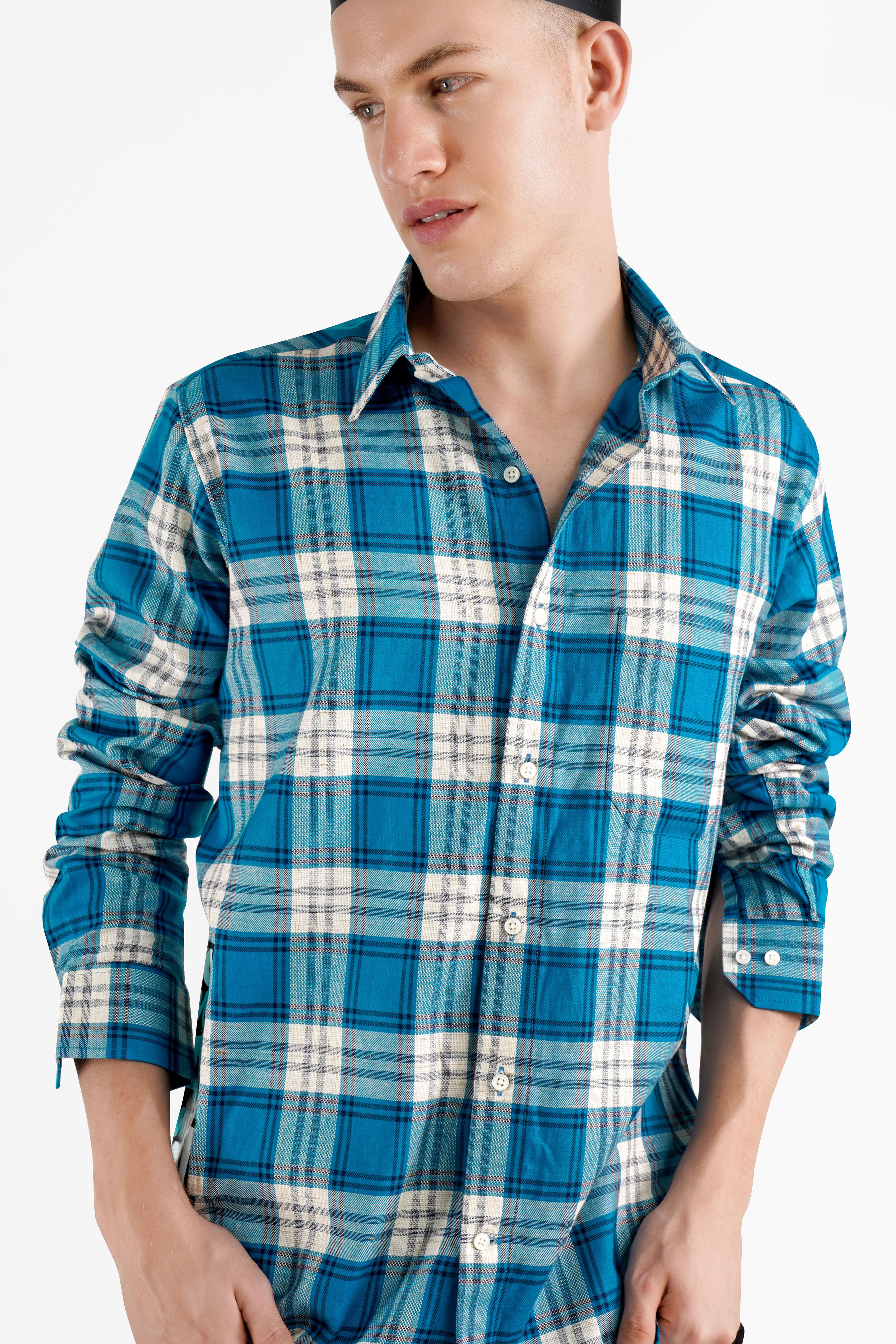 Carolina with Prussian Blue and White Checkered Funky Printed Dobby Premium Giza Cotton Designer Shirt