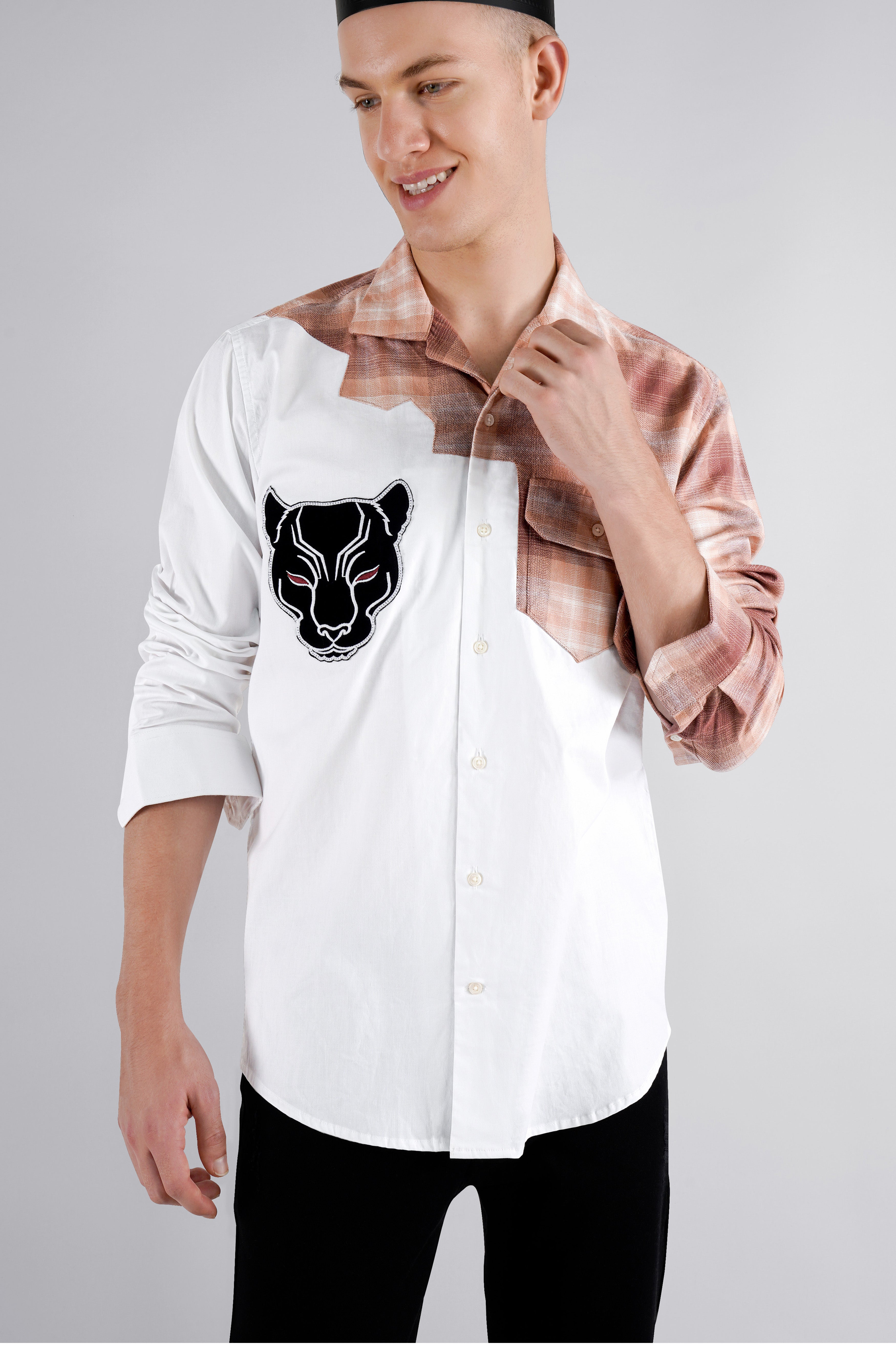 Bright White with Beige Embroidered Patchwork Chambray Designer Shirt