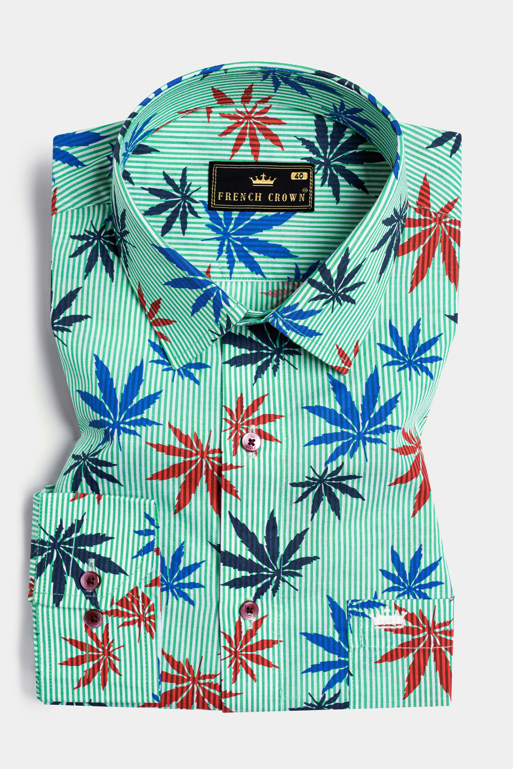 Pastel Green Striped with  Multicolour Leaves Printed and Saturn Patchwork Premium Cotton Designer Shirt