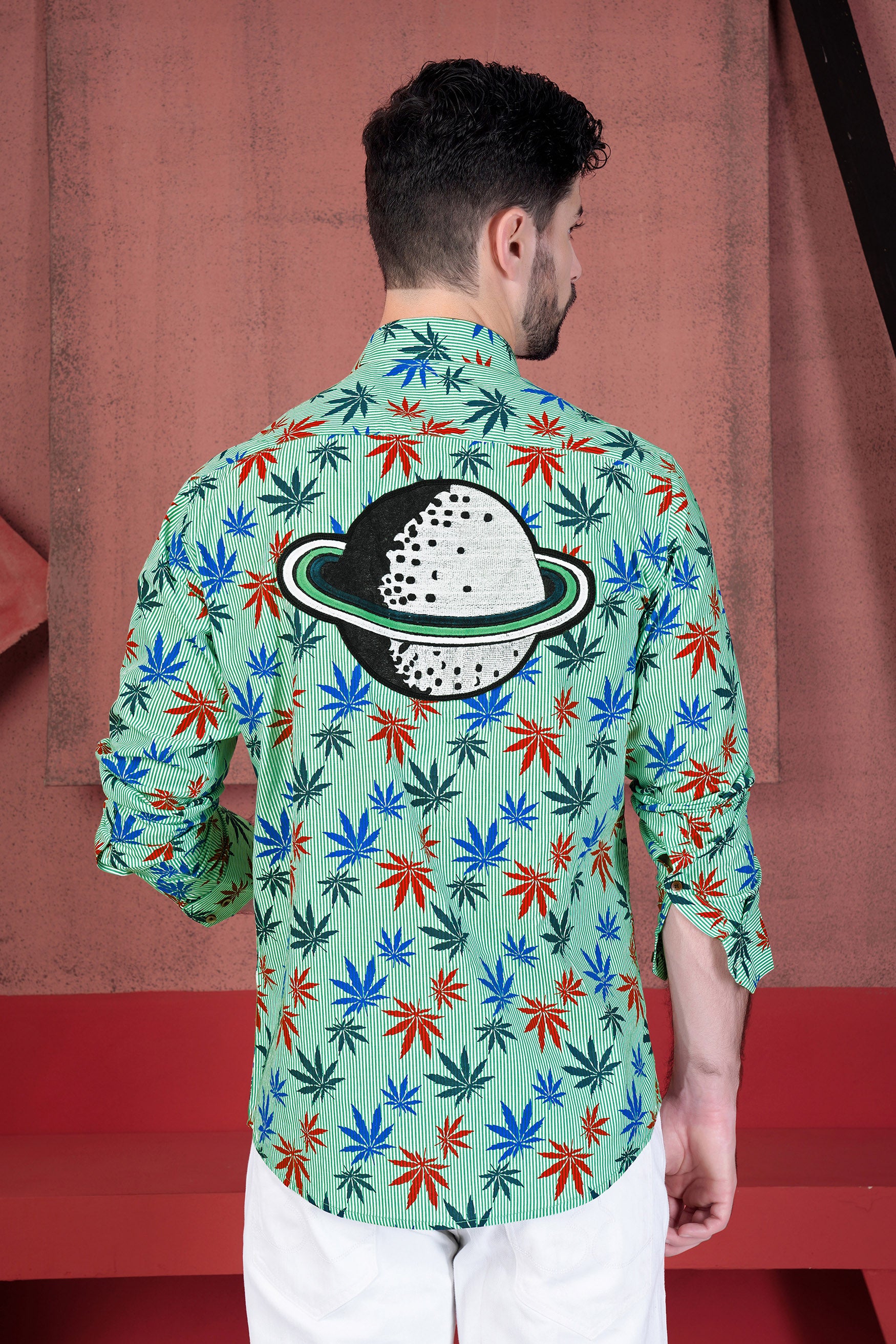 Pastel Green Striped with  Multicolour Leaves Printed and Saturn Patchwork Premium Cotton Designer Shirt