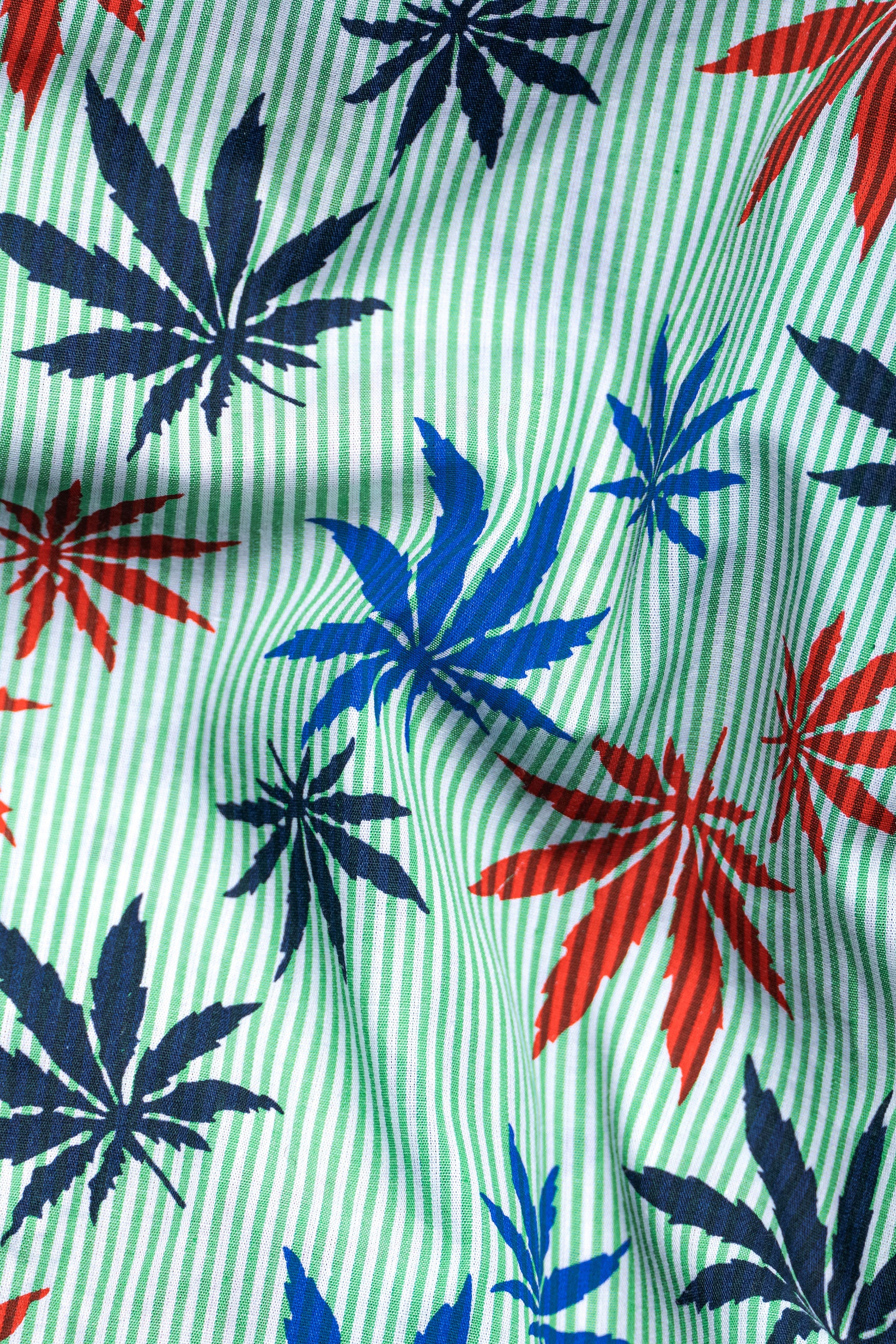 Pastel Green Striped with  Multicolour Leaves Printed and Saturn Patchwork Premium Cotton Designer Shirt